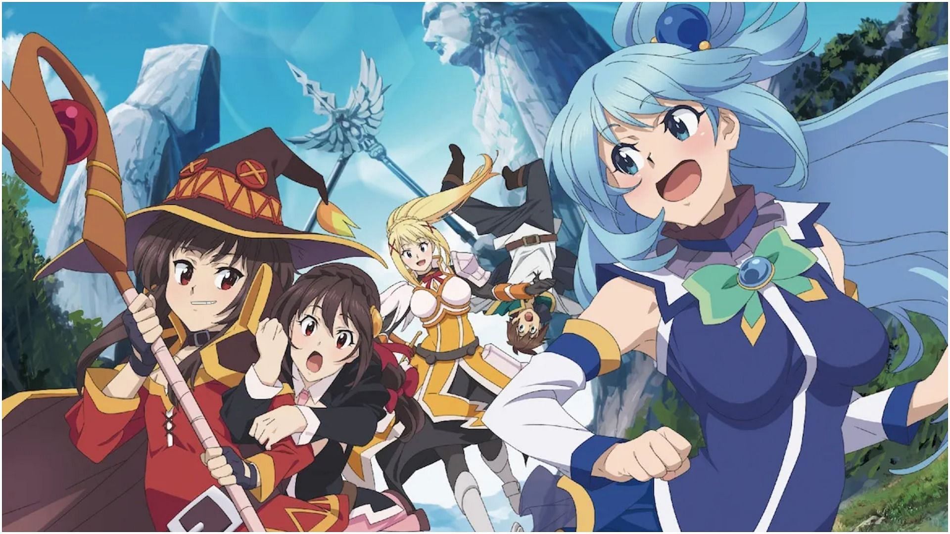 All central characters in the anime KonoSuba: God&#039;s Blessing on This Wonderful World! (Image via Studio Deen)