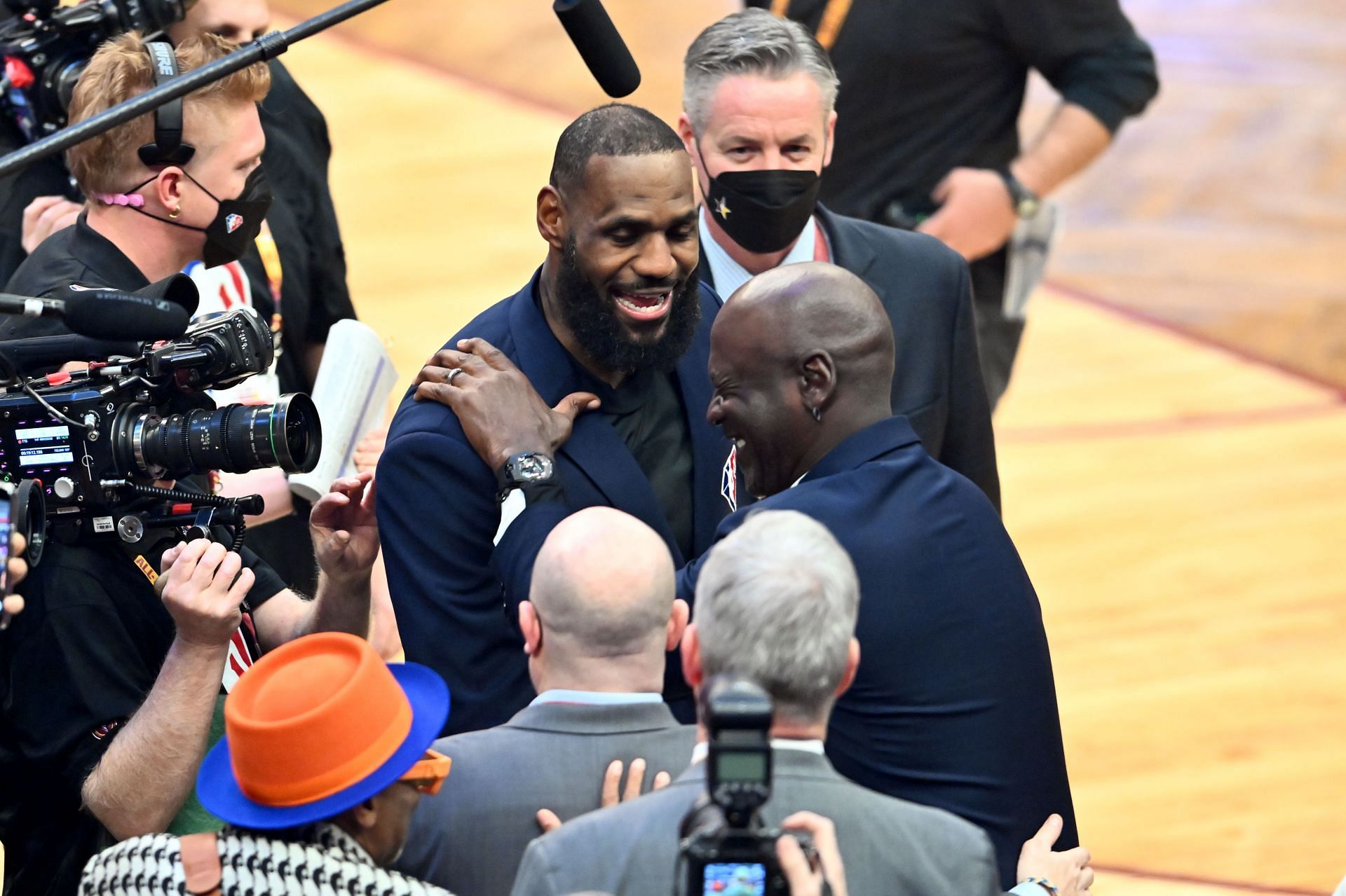 LeBron James and Michael Jordan greet each other during the 2022 NBA All-Star Game