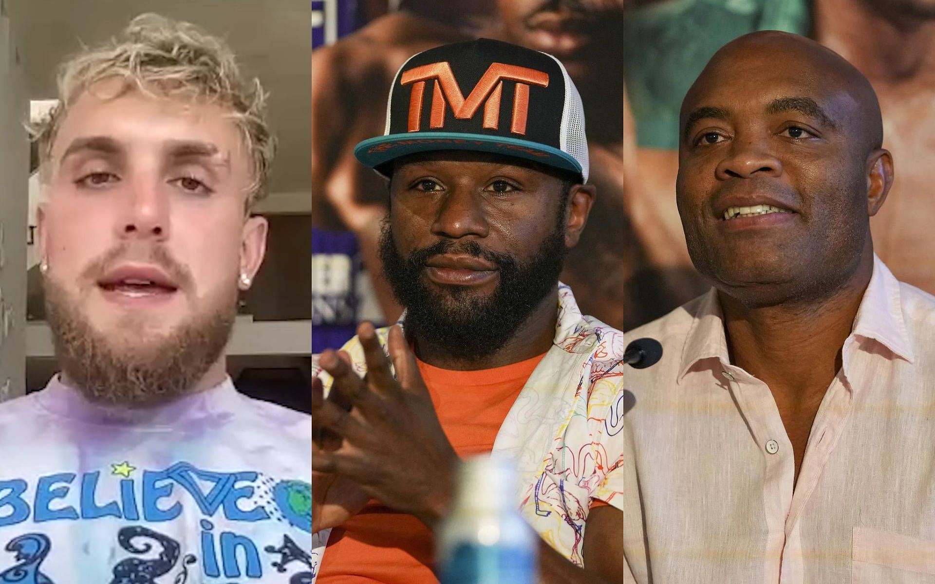 Jake Paul(L) via. YouTube/THEFIGHTwithTeddyAtlas; Floyd Mayweather(C); Anderson Silva(R)