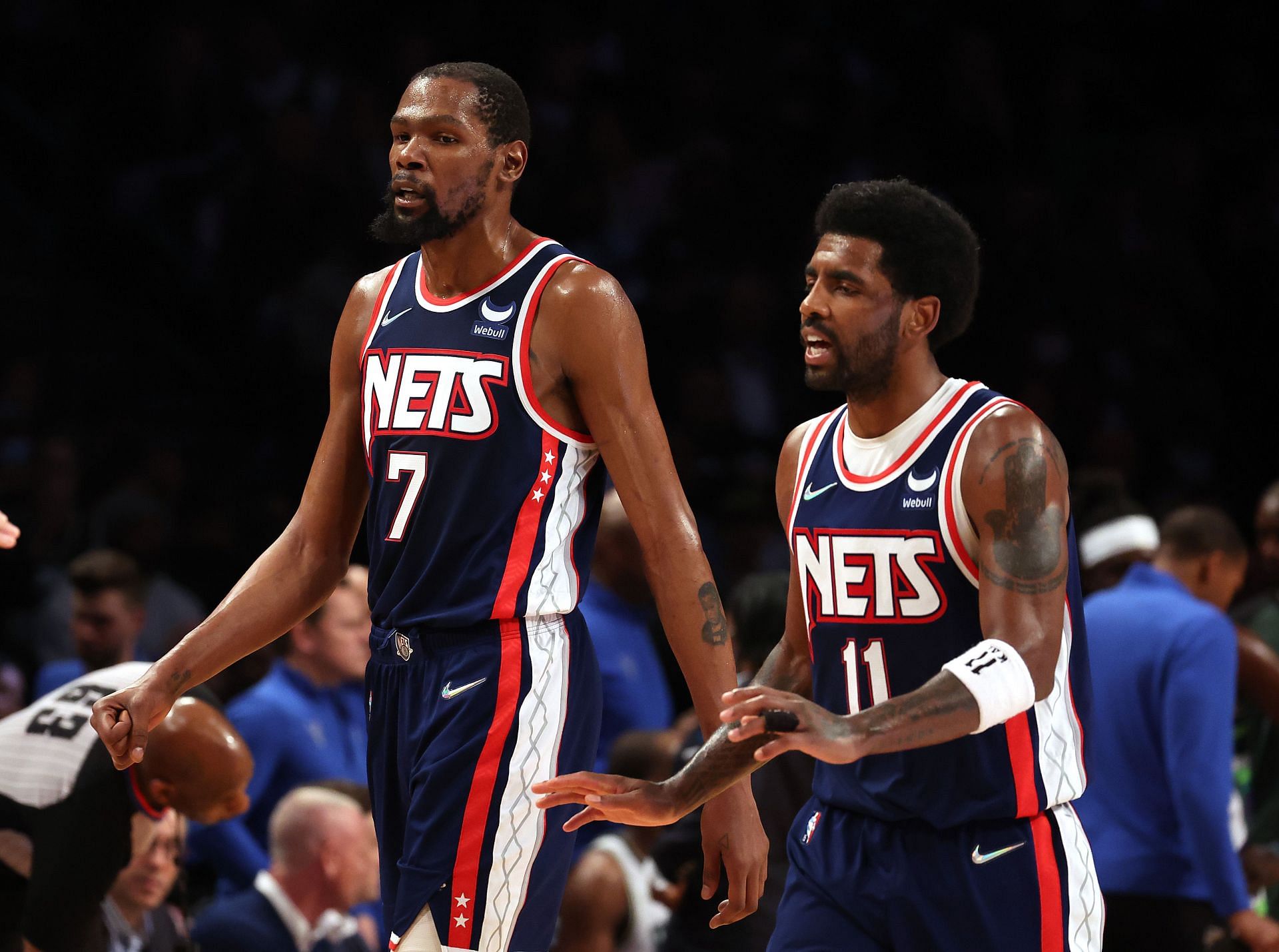 Kevin Durant and Kyrie Irving in action during Milwaukee Bucks v Brooklyn Nets