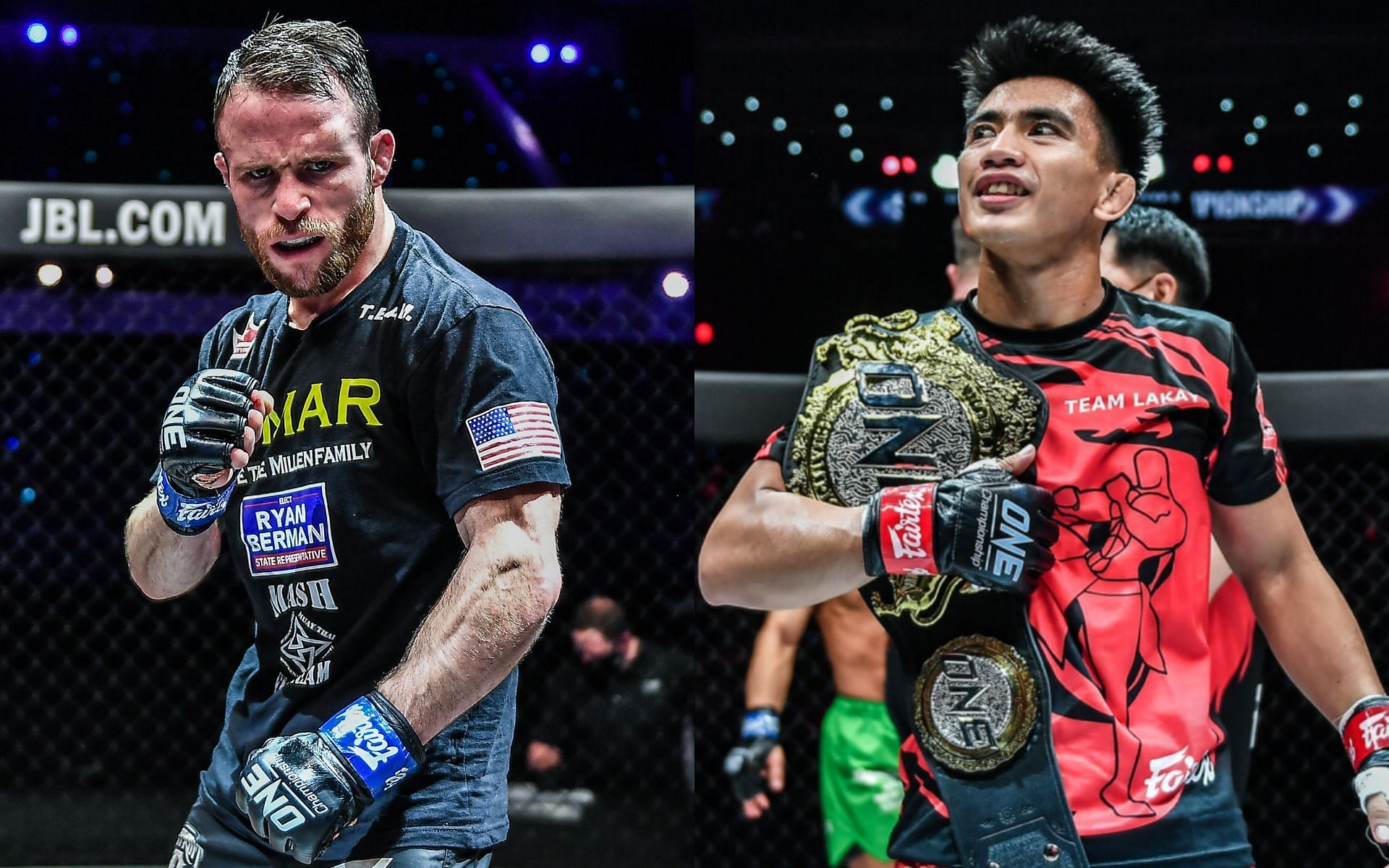 Jarred Brooks (left) wants his shot at Joshua Pacio&#039;s (right) ONE strawweight world title. [Photos - ONE Championship]