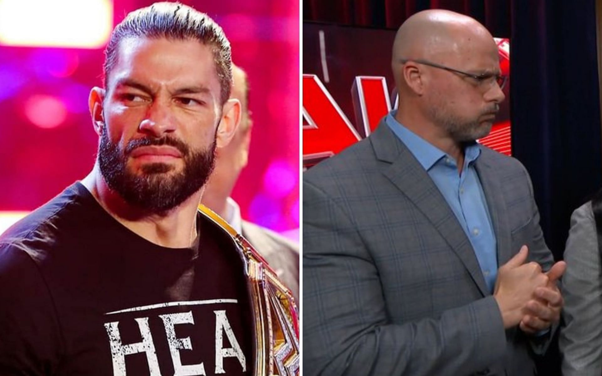 Roman Reigns (left); On-screen official Adam Pearce (right)