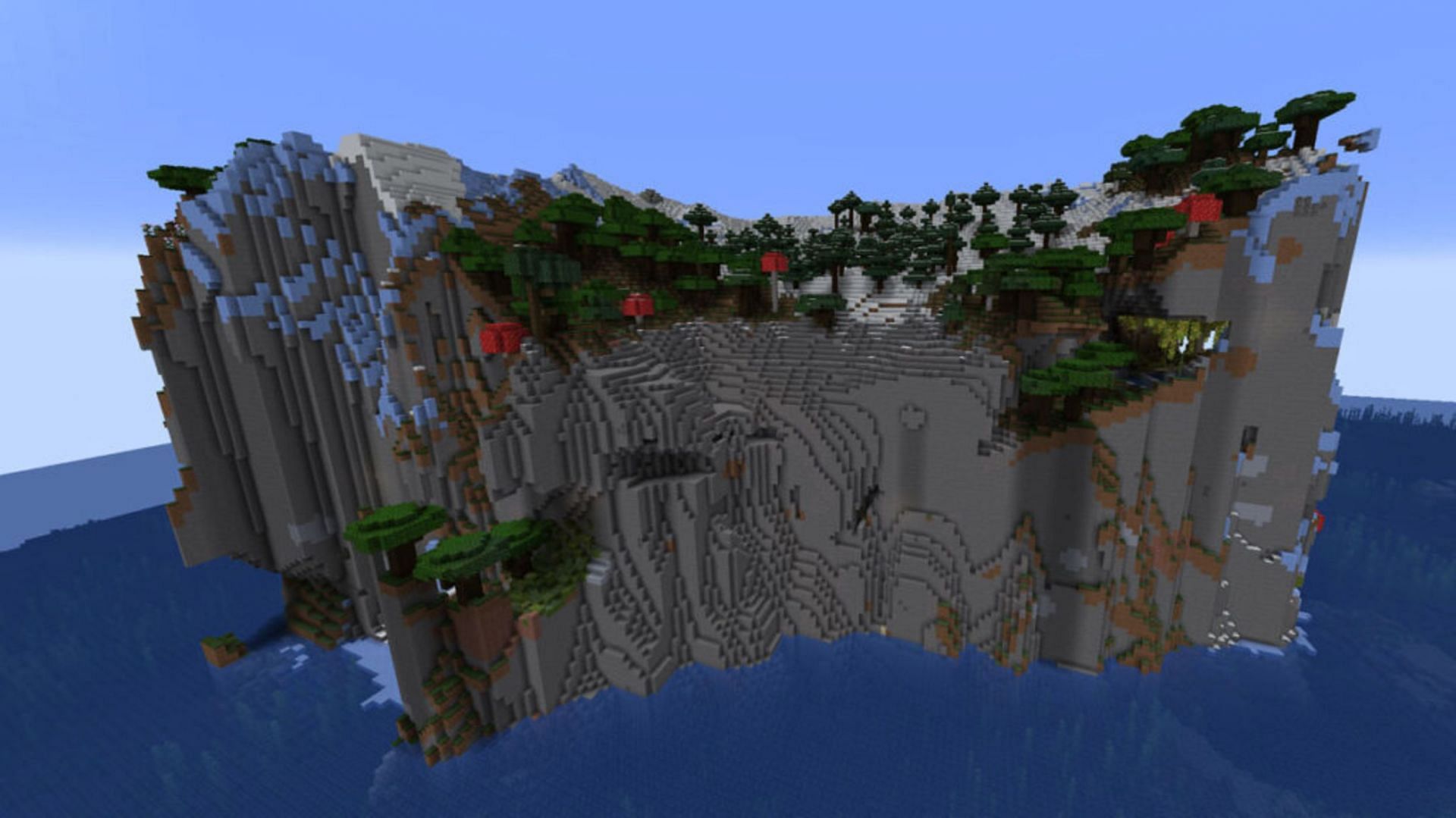 This massive island is one thing, but it possesses shipwrecks nearby as well (Image via Mojang)