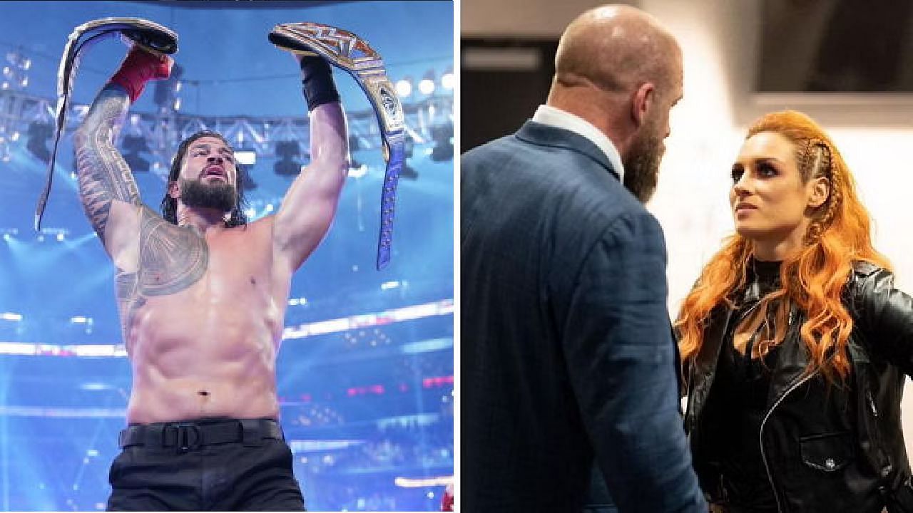 Roman Reigns (L) Triple H and Becky Lynch (R)