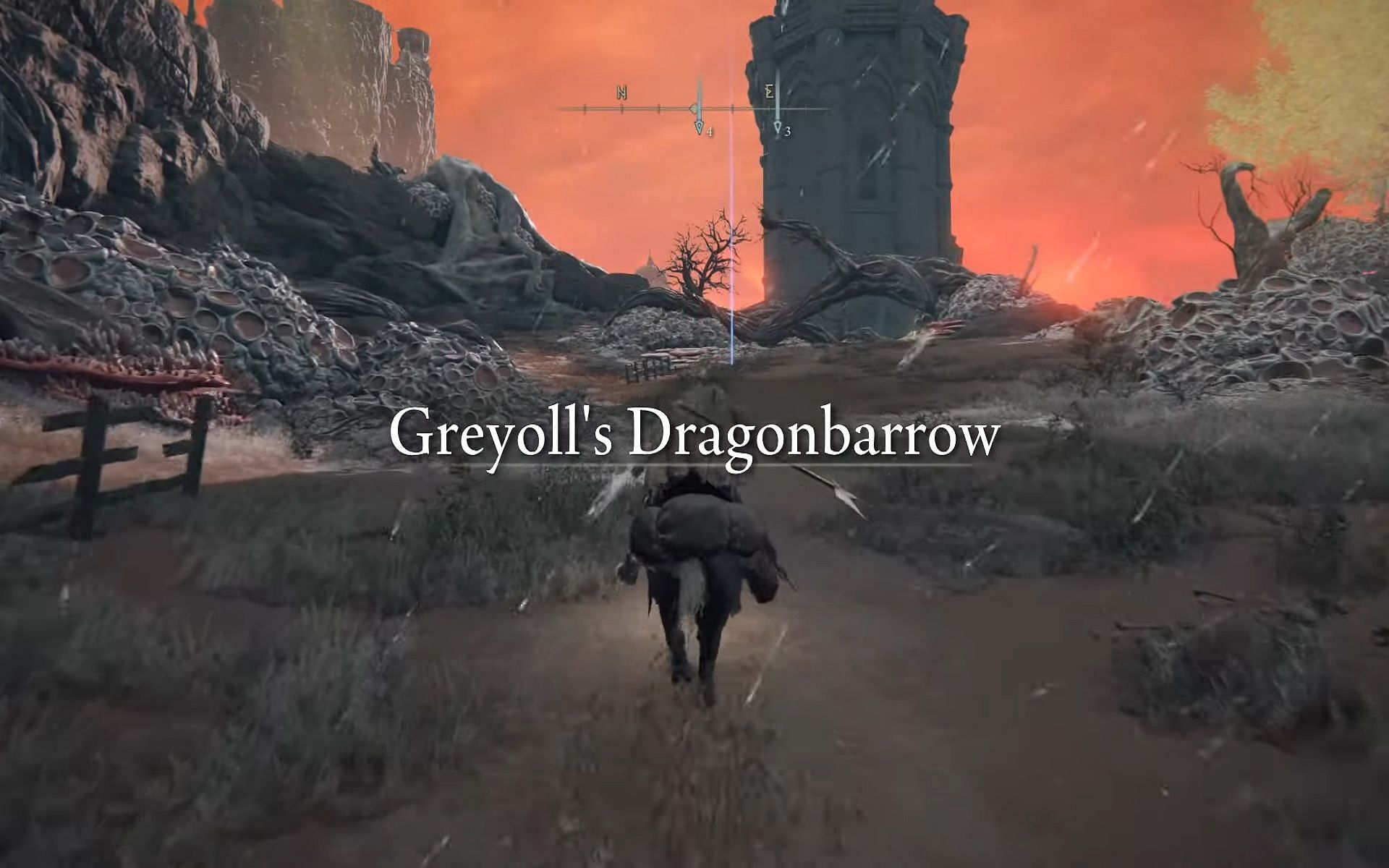 Greyoll&#039;s Dragonbarrow resides in Caelid in Elden Ring (Image via ZaFrostPet/YouTube)