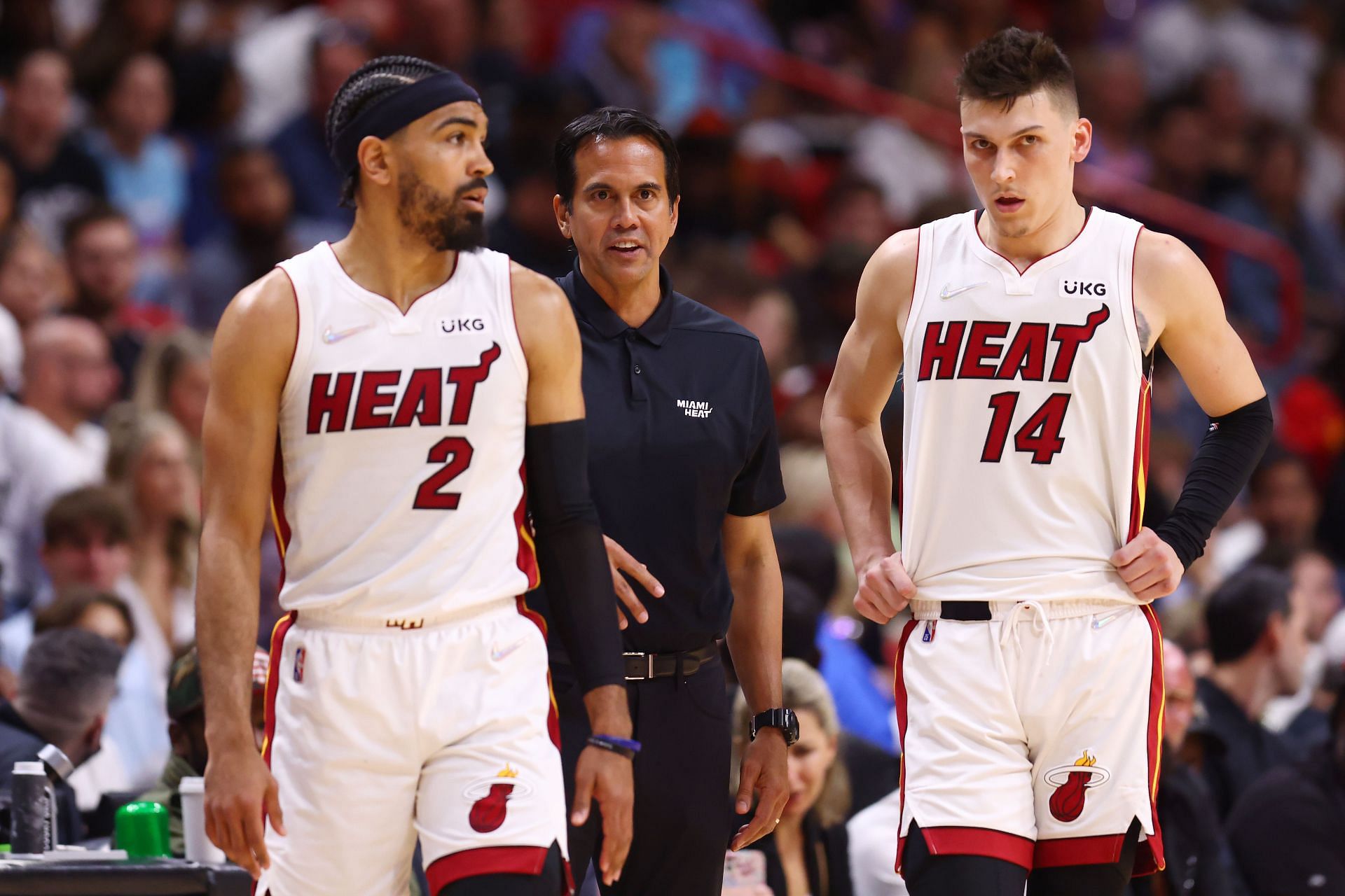 Gabe Vincent, Tyler Herro and coach Erik Spoelstra of the Miami Heat against the Atlanta Hawks