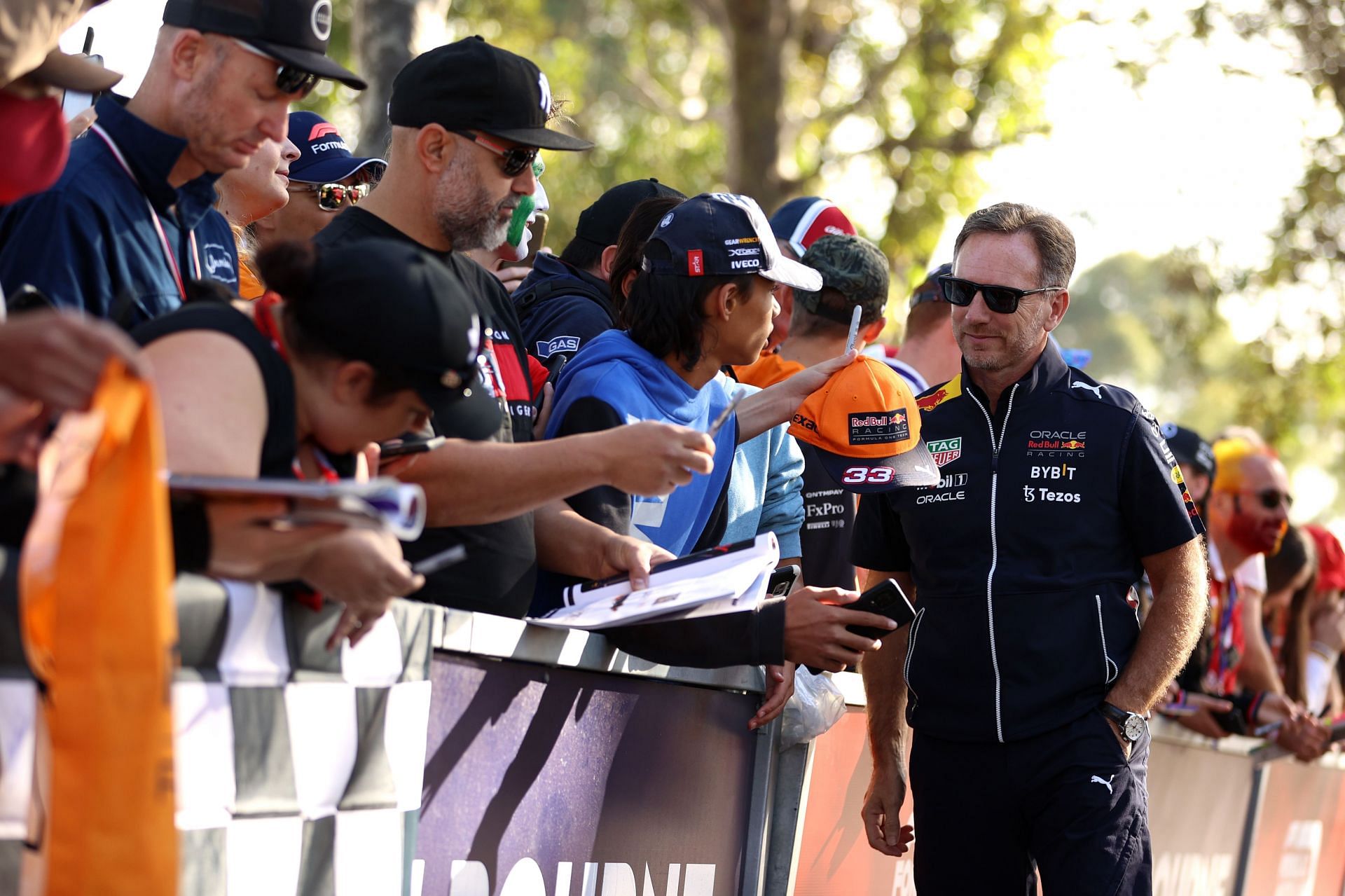 Red Bull Racing Team Principal Christian Horner arrives at the circuit and poses for photos with fans prior to practice ahead of the F1 Grand Prix of Australia at Melbourne Grand Prix Circuit on April 08, 2022 in Melbourne, Australia. (Photo by Robert Cianflone/Getty Images)