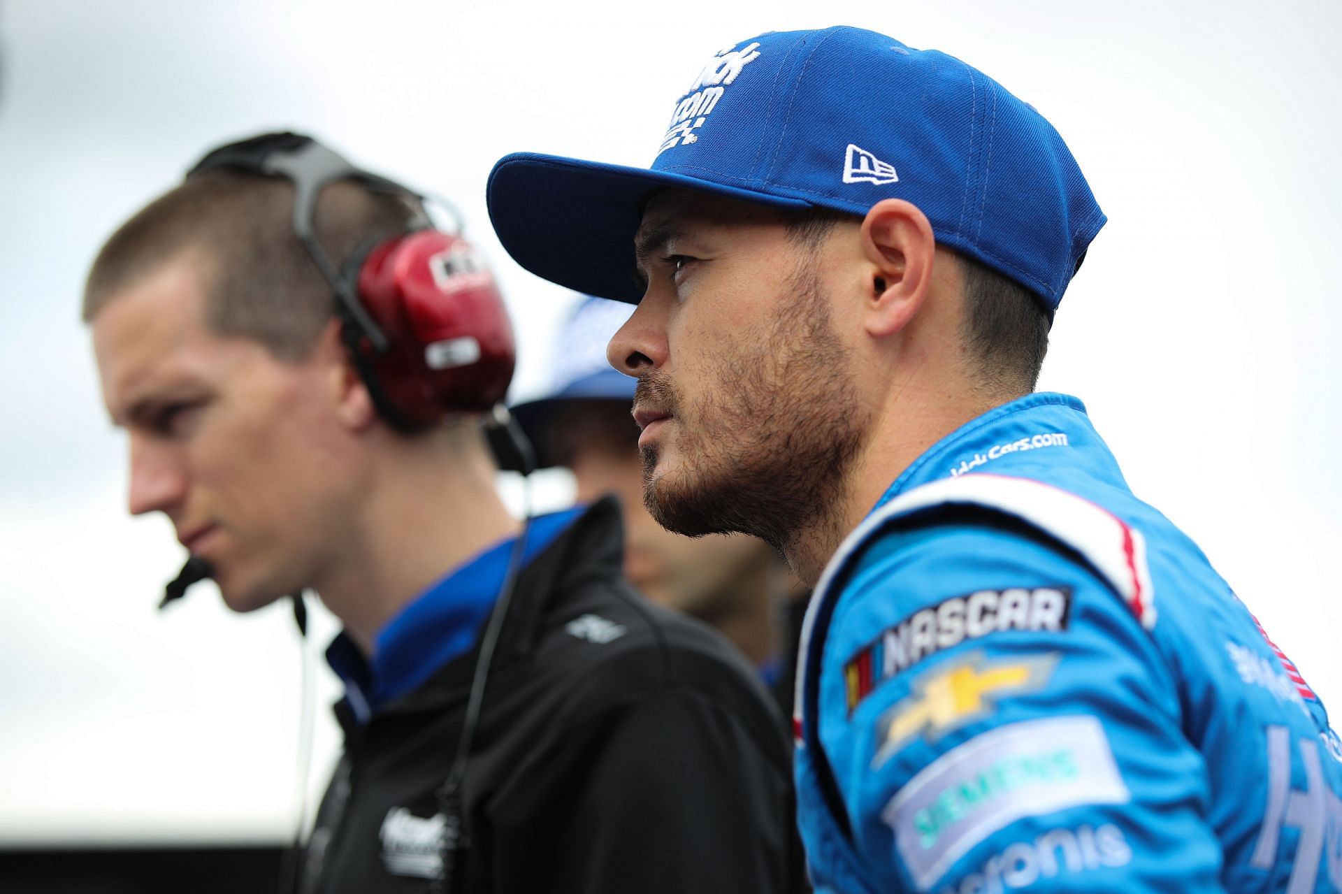 Kyle Larson looks on during practice for the NASCAR Cup Series Blue-Emu Maximum Pain Relief 400 at Martinsville Speedway.