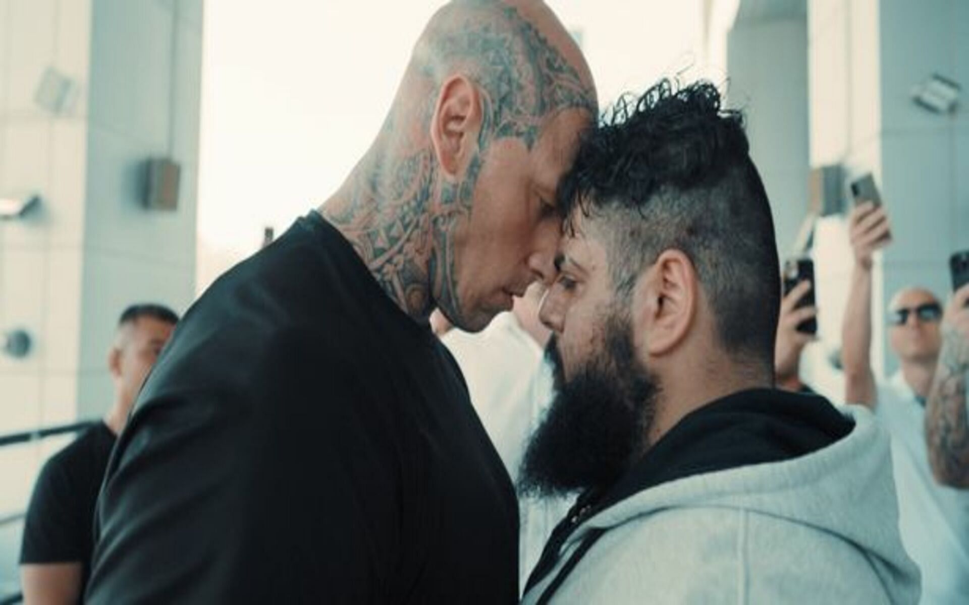 The showdown between Martyn Ford (L) and the Iranian Hulk (R) has been halted once again.