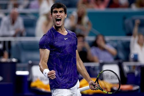 Carlos Alcaraz lets out a roar at match point in his semi-final tussle against defending champion Hurkacz