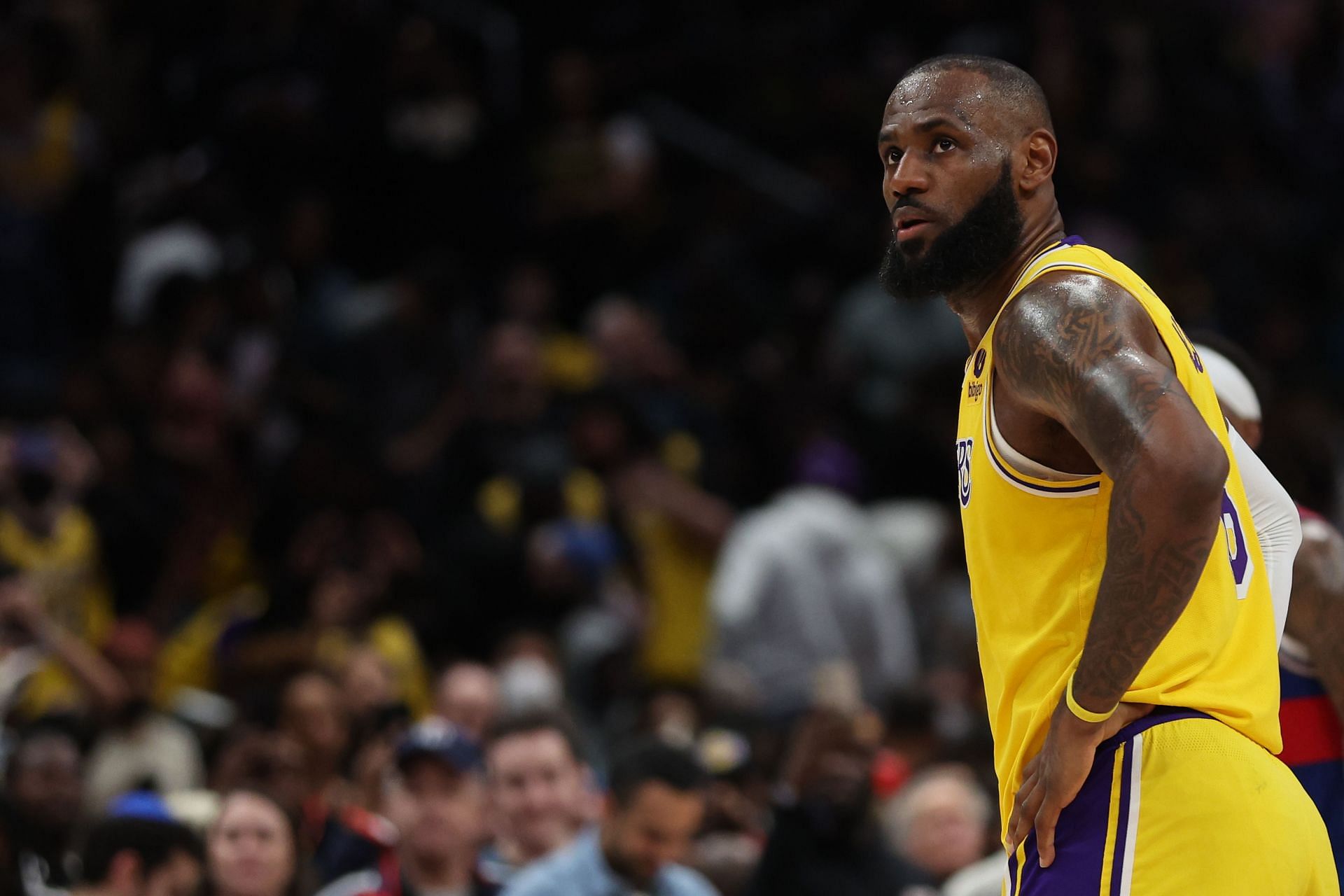 LeBron James #6 of the Los Angeles Lakers reacts after scoring against the Washington Wizards during the second quarter at Capital One Arena on March 19, 2022 in Washington, DC. With the point, LeBron James passed Karl Malone to become second on the NBA&#039;s all-time scoring list.
