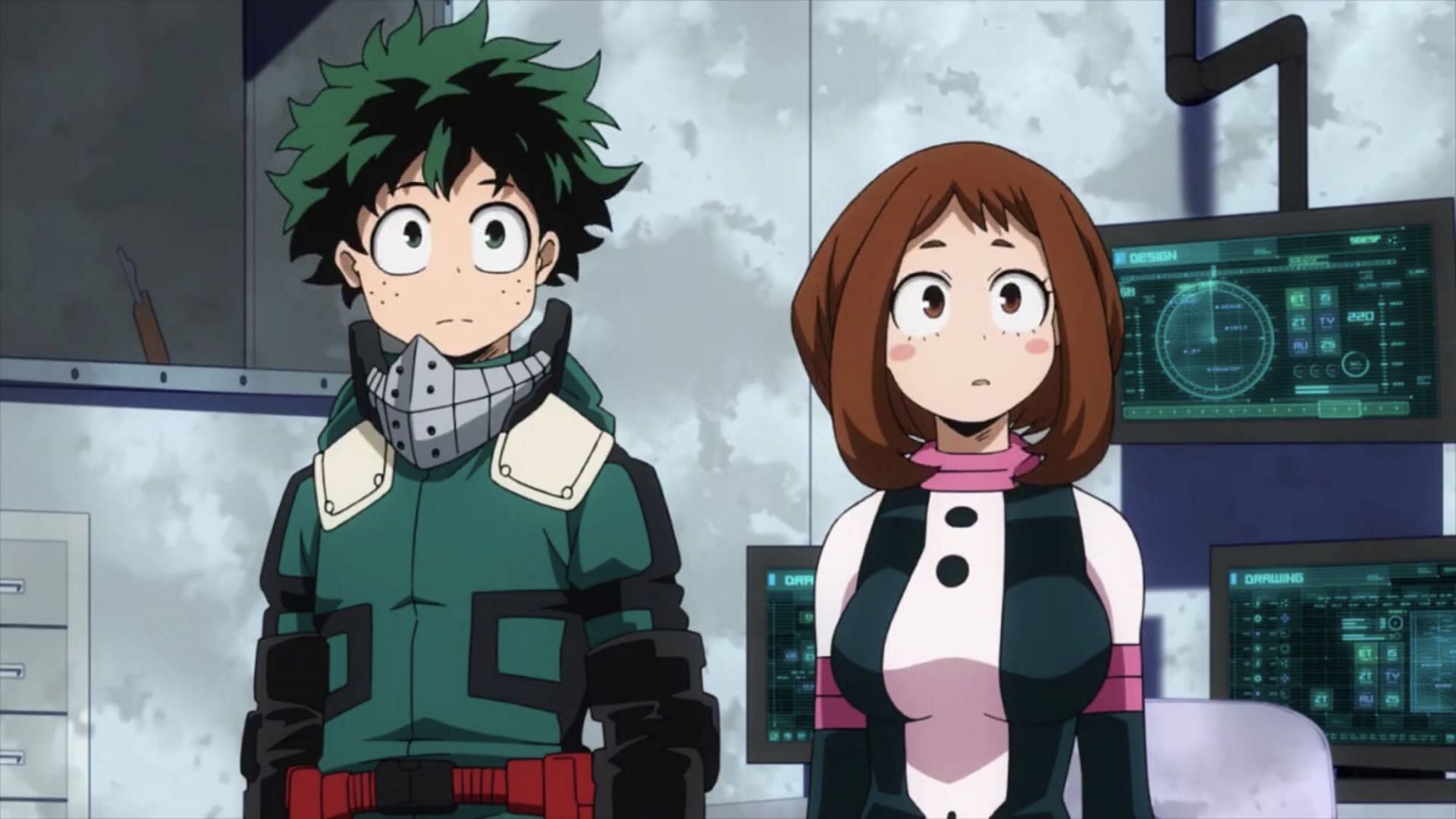 Midoriya (left) and Uraraka (right) in the My Hero Academia anime (Image via Bones)