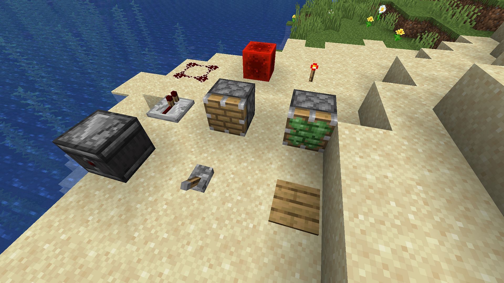 An example of many of the game&#039;s redstone components (Image via Minecraft)