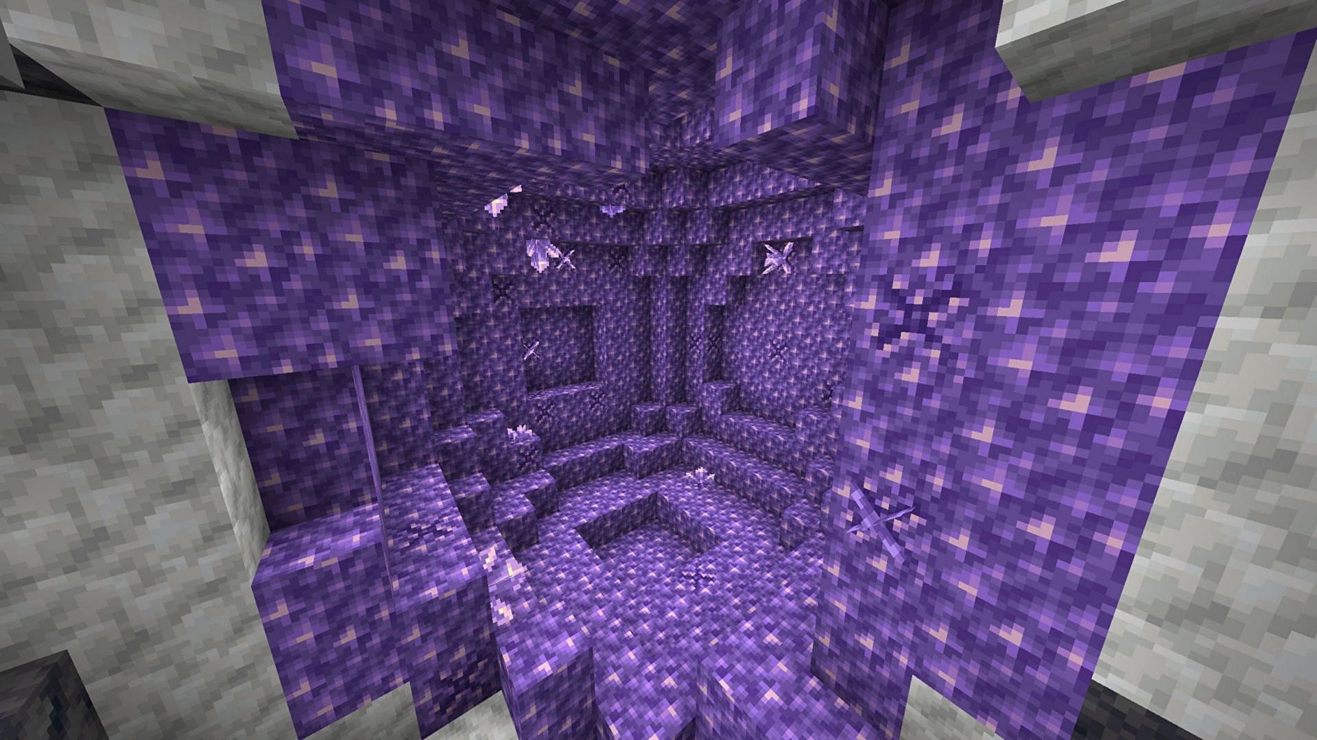 Amethyst shards can be found within a world&#039;s amethyst geodes (Image via Mojang)