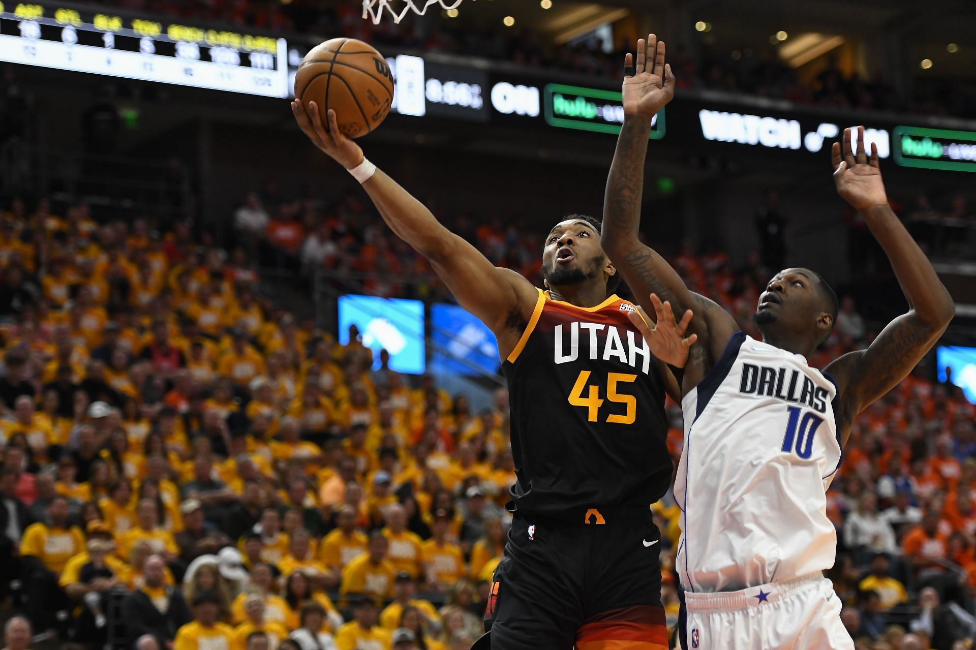 Dallas Mavericks v Utah Jazz - Game Three; Donovan Mitchell drives the ball