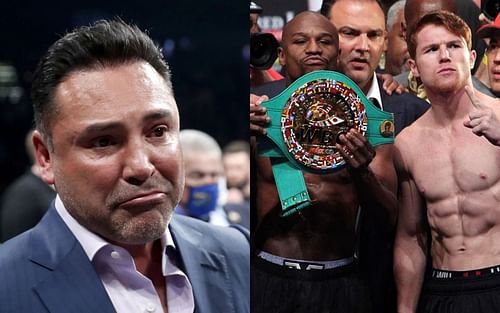 Oscar De La Hoya (L) has revealed he advised Canelo Alvarez from fighting Floyd Mayweather (R)