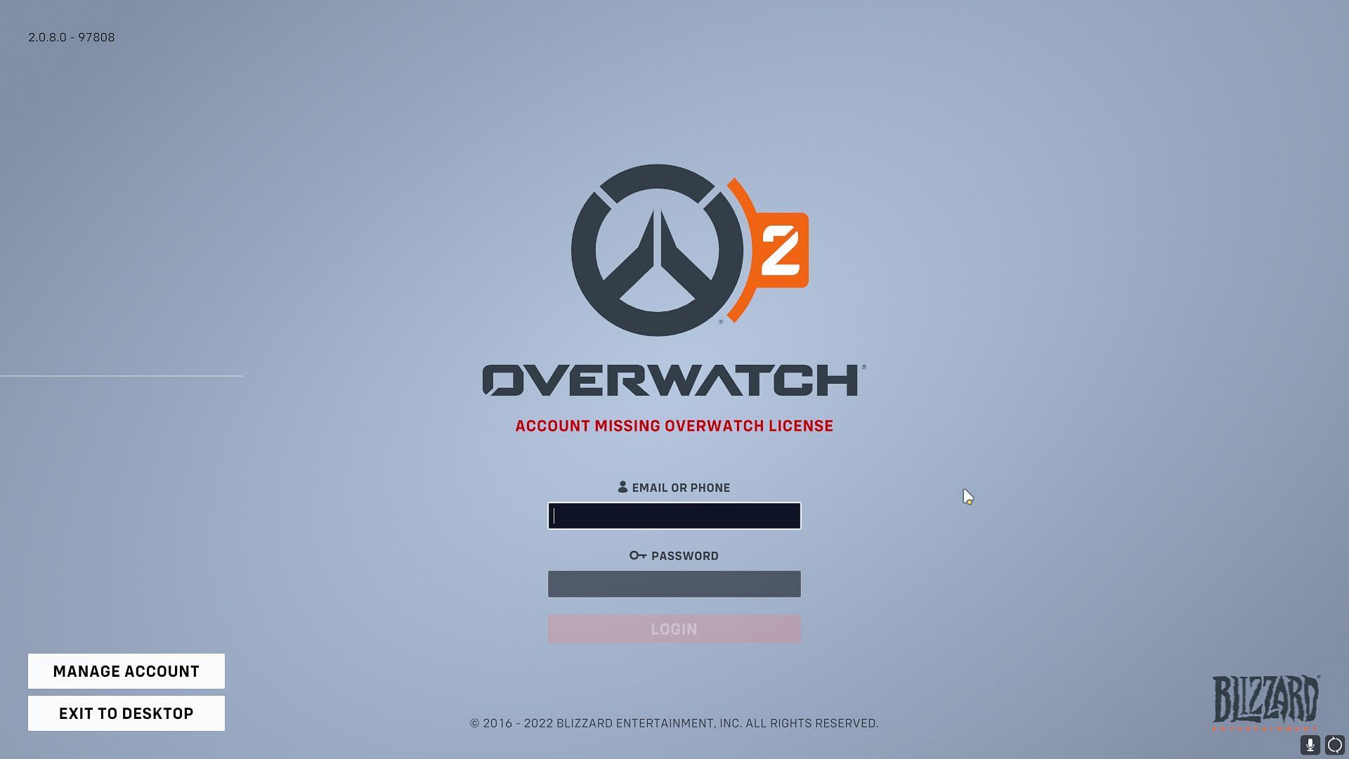 A snapshot of the &#039;Account missing Overwatch license&#039; error in Overwatch 2 (Image via Blizzard)