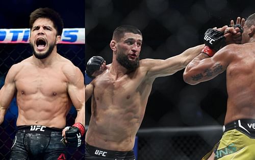 Henry Cejudo (L); Khamzat Chimaev (C) in action against Gilbert Burns (R) at UFC 273