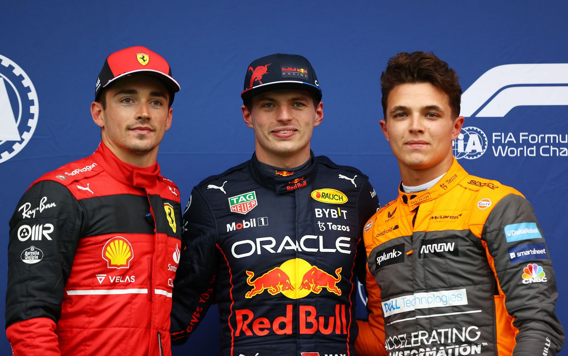 Max Verstappen (center) clinched pole position from Charles Leclerc (left) for the Imola GP sprint