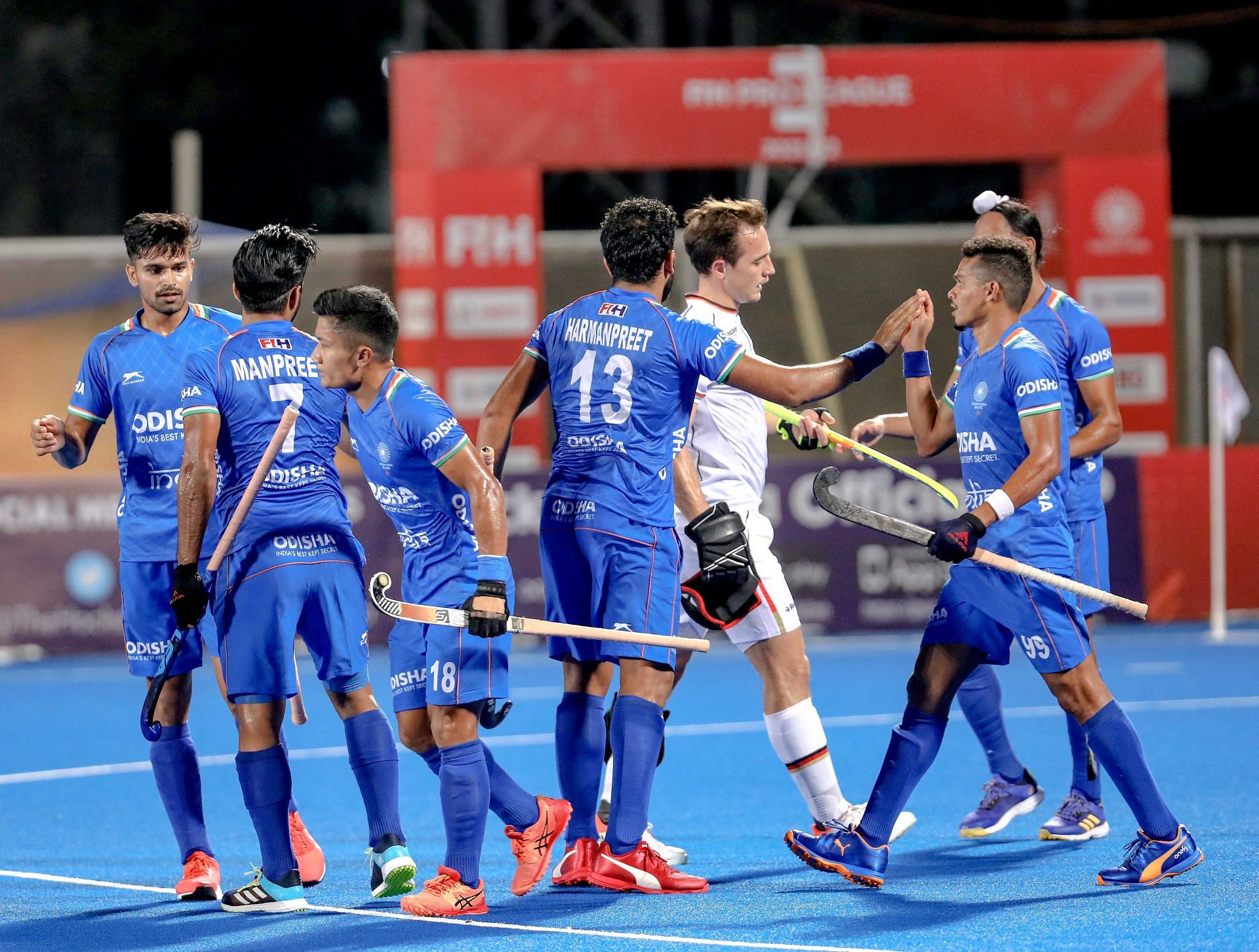 Indian players celebrate a goal against Germany in their FIH Pro League match. (PC: Hockey India)