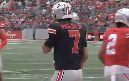 Ohio State quarterback CJ Stroud wearing a Dwayne Haskins jersey