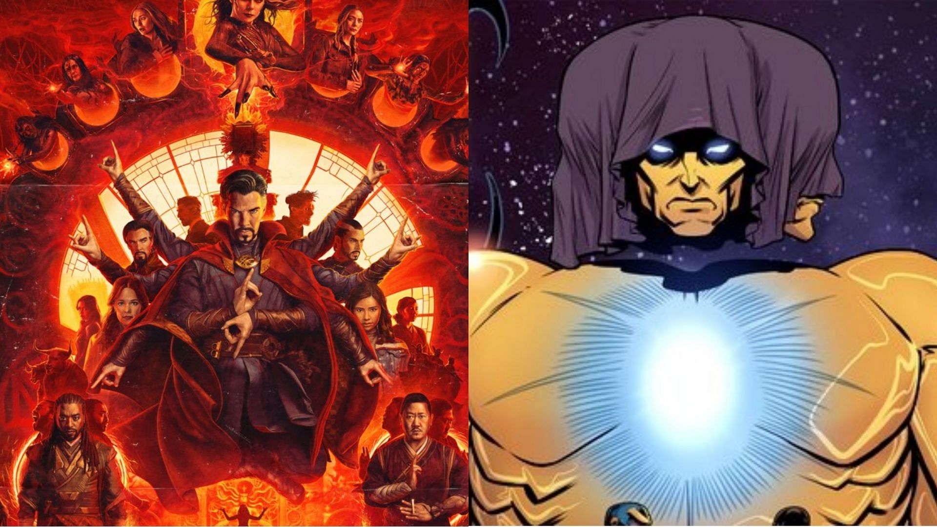 Doctor Strange in the Multiverse of Madness poster and the Living Tribunal (Image via Marvel Comics)