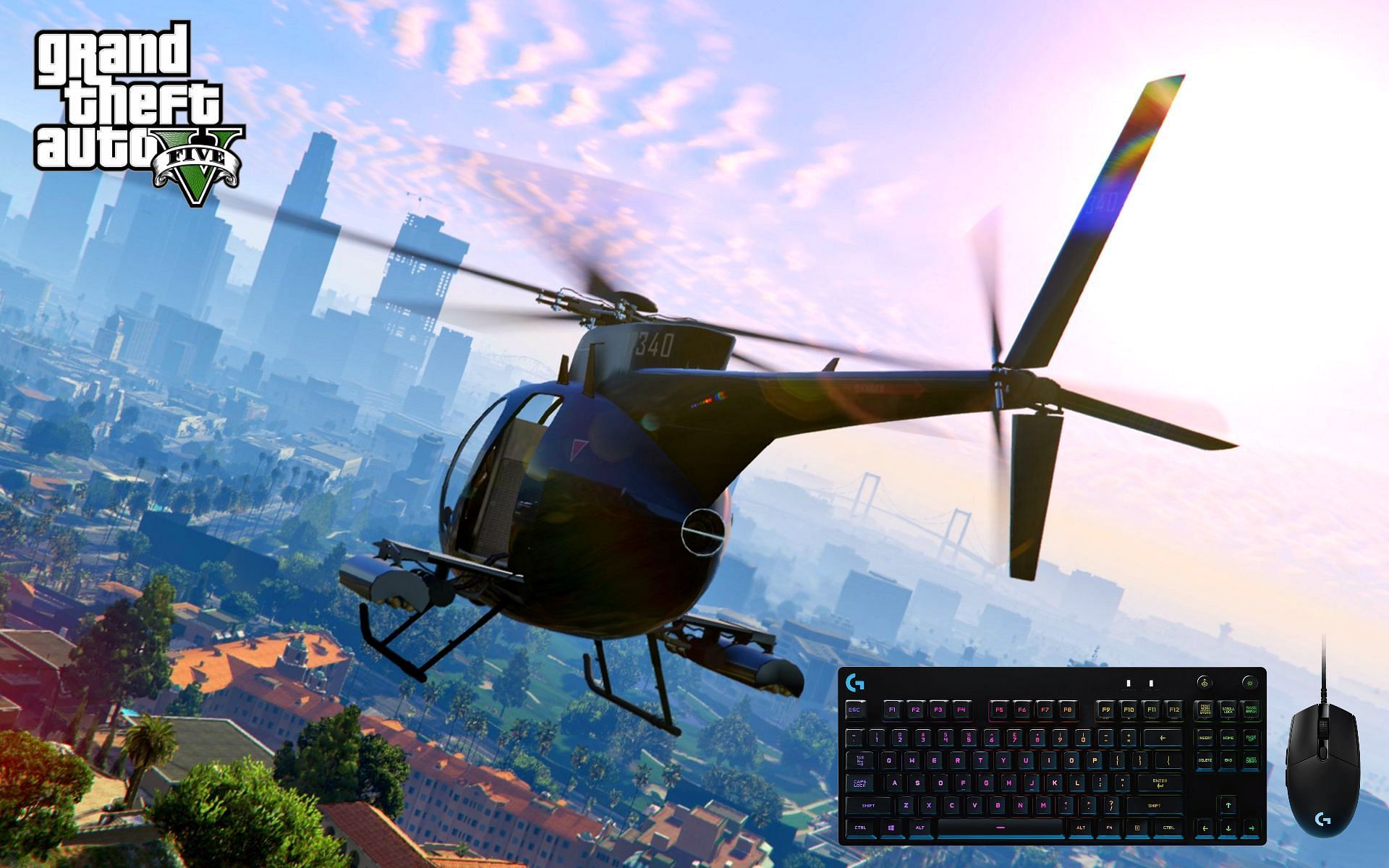 How to fly a helicopter in GTA 5 using a keyboard (Image via Rockstar Games and Logitech)