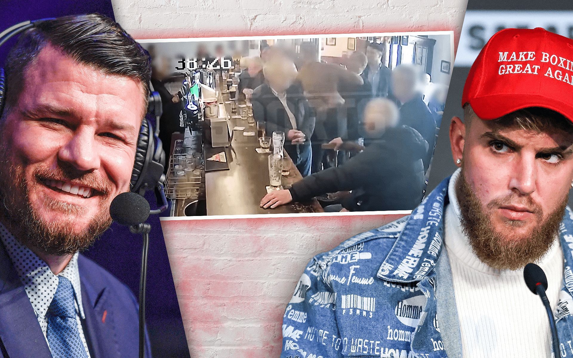 Michael Bisping (left), the infamous bar incident involving Conor McGregor (center), Jake Paul (right) [Center image via TMZ Sports on YouTube]