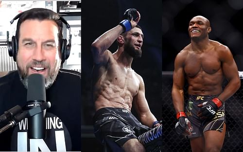 John McCarthy (L) via. Youtube/WeighinIn; Khamzat Chimaev (C); Kamaru Usman (R)