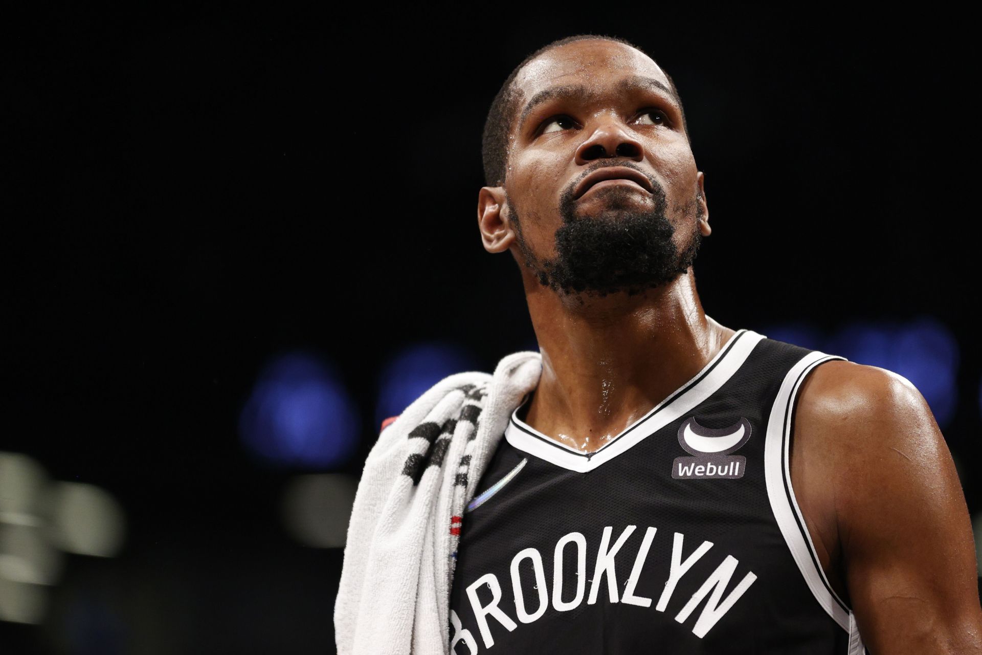 Kevin Durant of the Brooklyn Nets looks on Wednesday against the Cleveland Cavaliers.