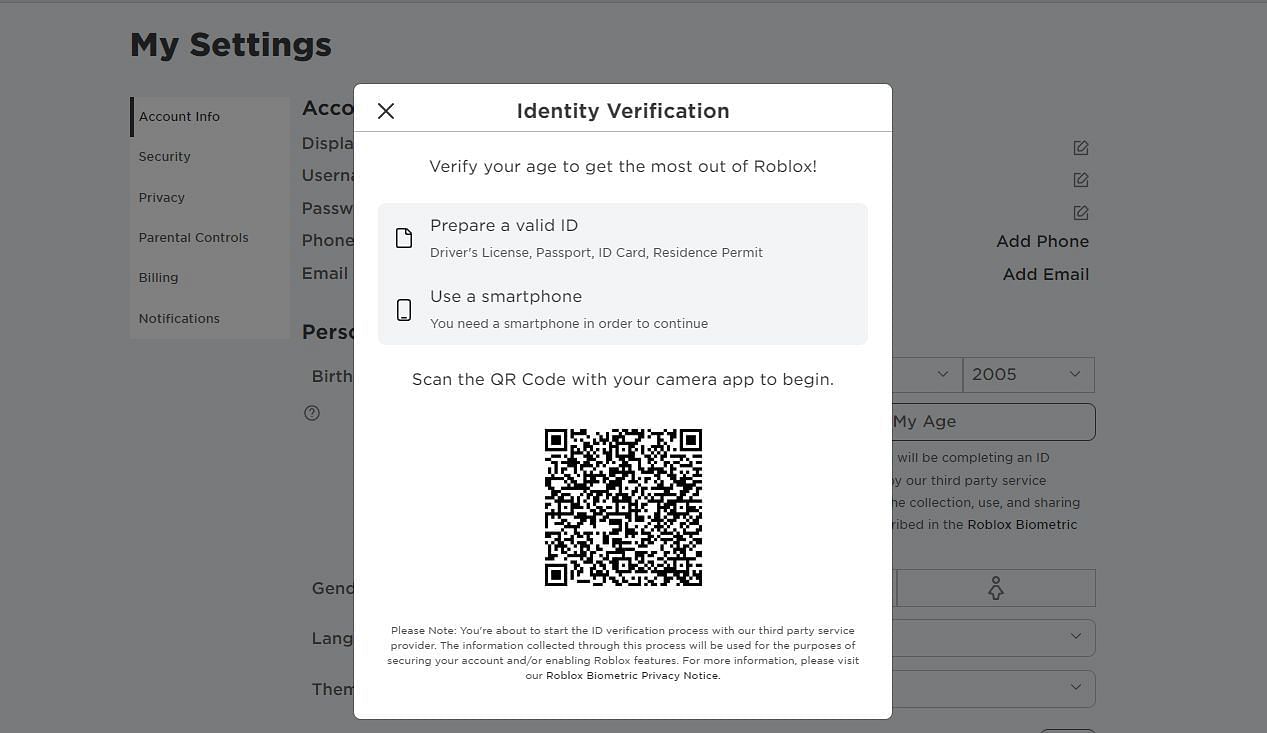 The users will have to complete the process of verifying their ID (Image via Roblox)