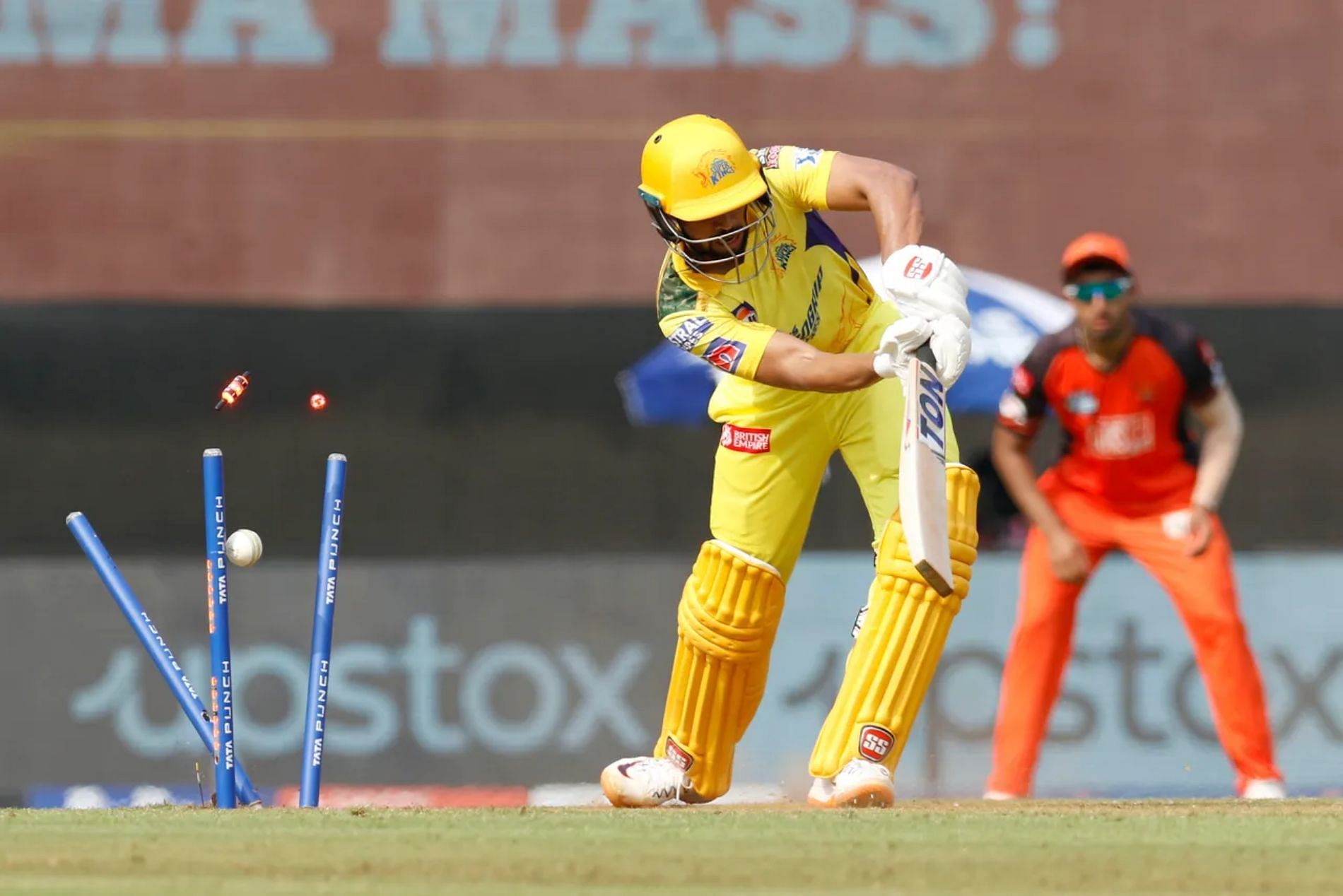 CSK&rsquo;s Ruturaj Gaikwad is bowled by T Natarajan during match 17 against SRH. The Chennai opener has only managed 35 runs in five matches this season.