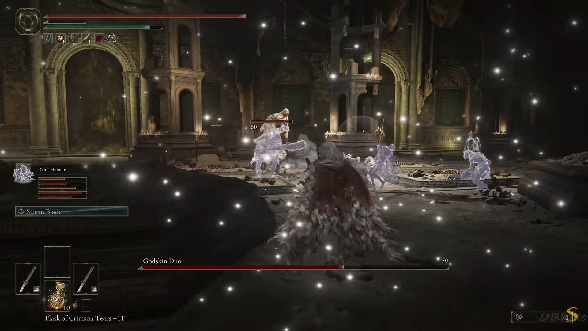 The fight against Godskin duo in Elden Ring is easier if players use the pillars in the room (Image via Shirrako/Youtube)