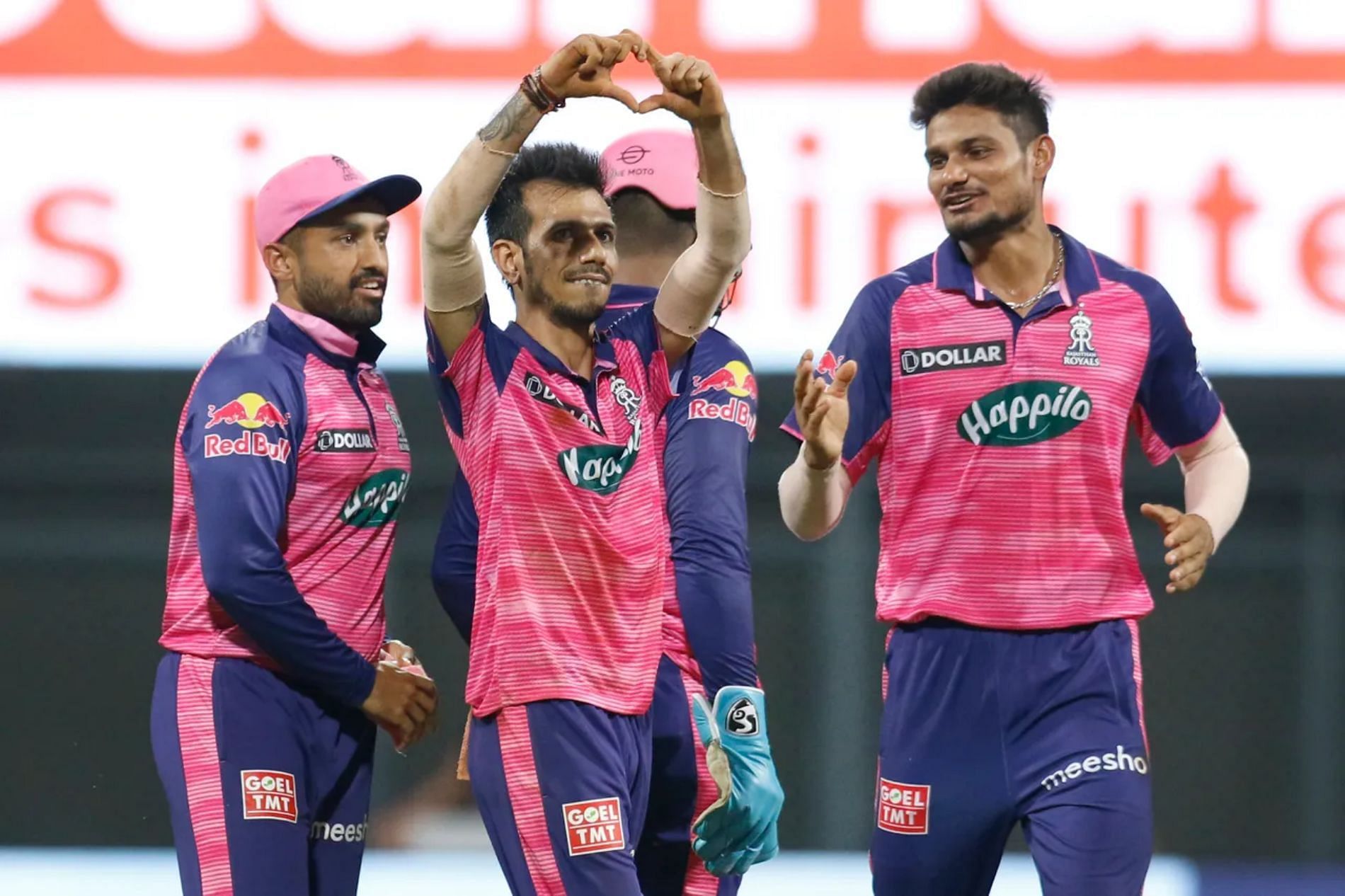 Kuldeep Yadav (right) with RR players during the match on Monday. Pic: IPLT20.COM