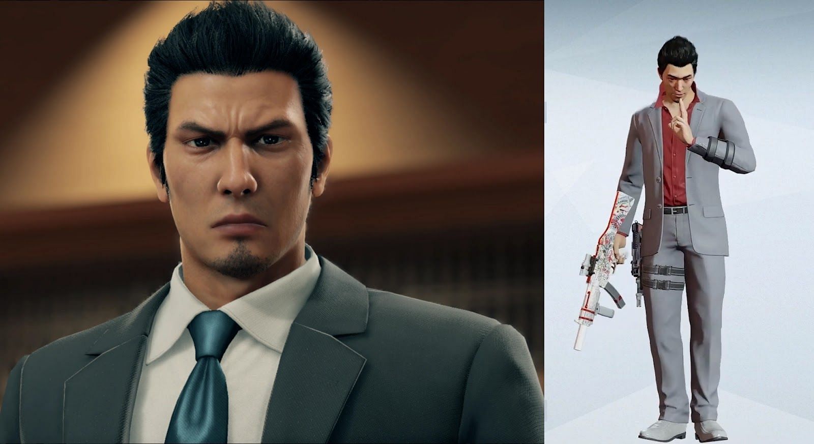 Kazuma Kiryu character and operator skin side by side (Image via Ubisoft/Capcom)