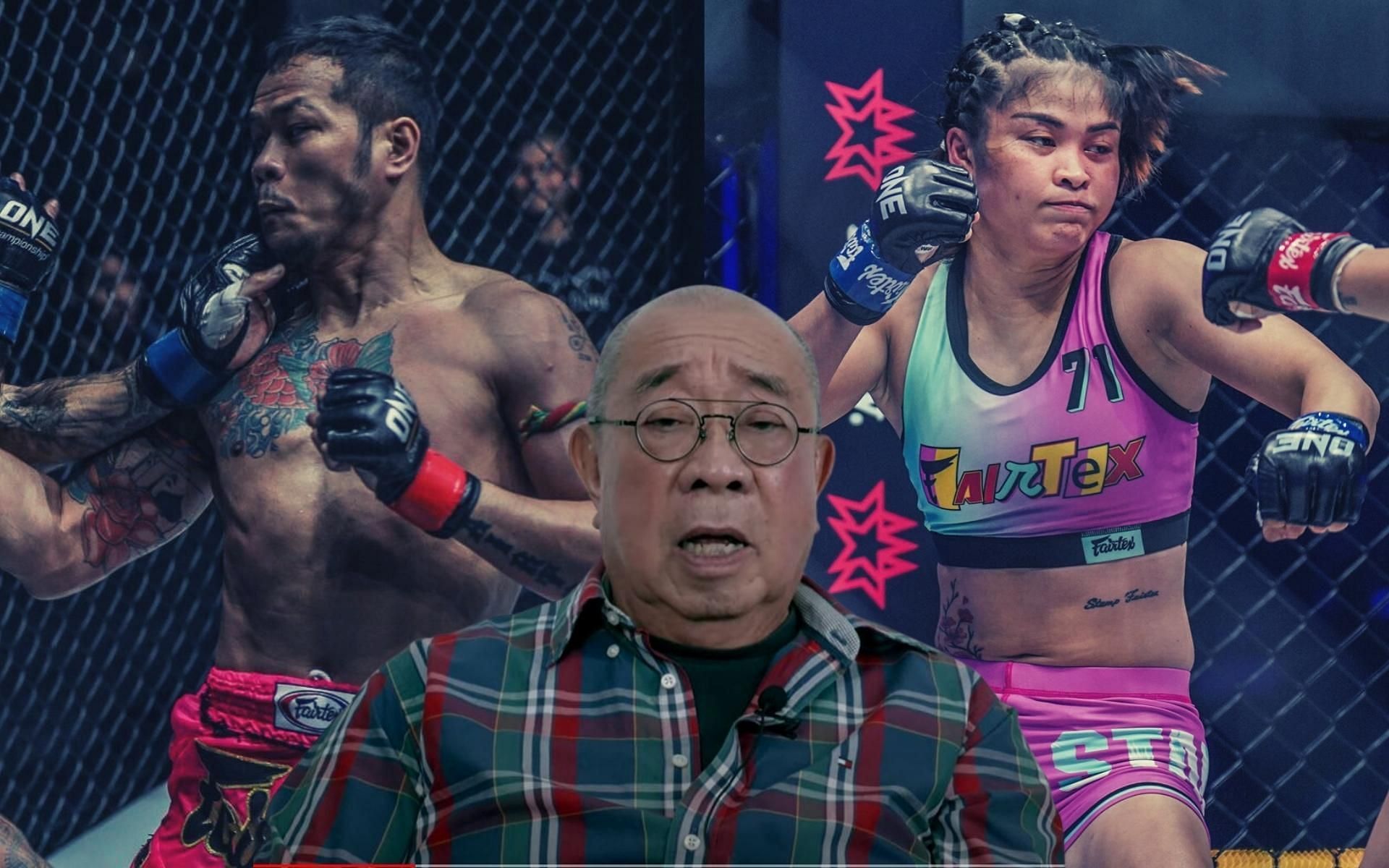 Fairtex Training Center founder Mr. Philip Wong (center) talks about his fighters Yodsanklai (left) Stamp (right). (Images courtesy: ONE Championship, Fairtext Training Center&#039;s YouTube channel)