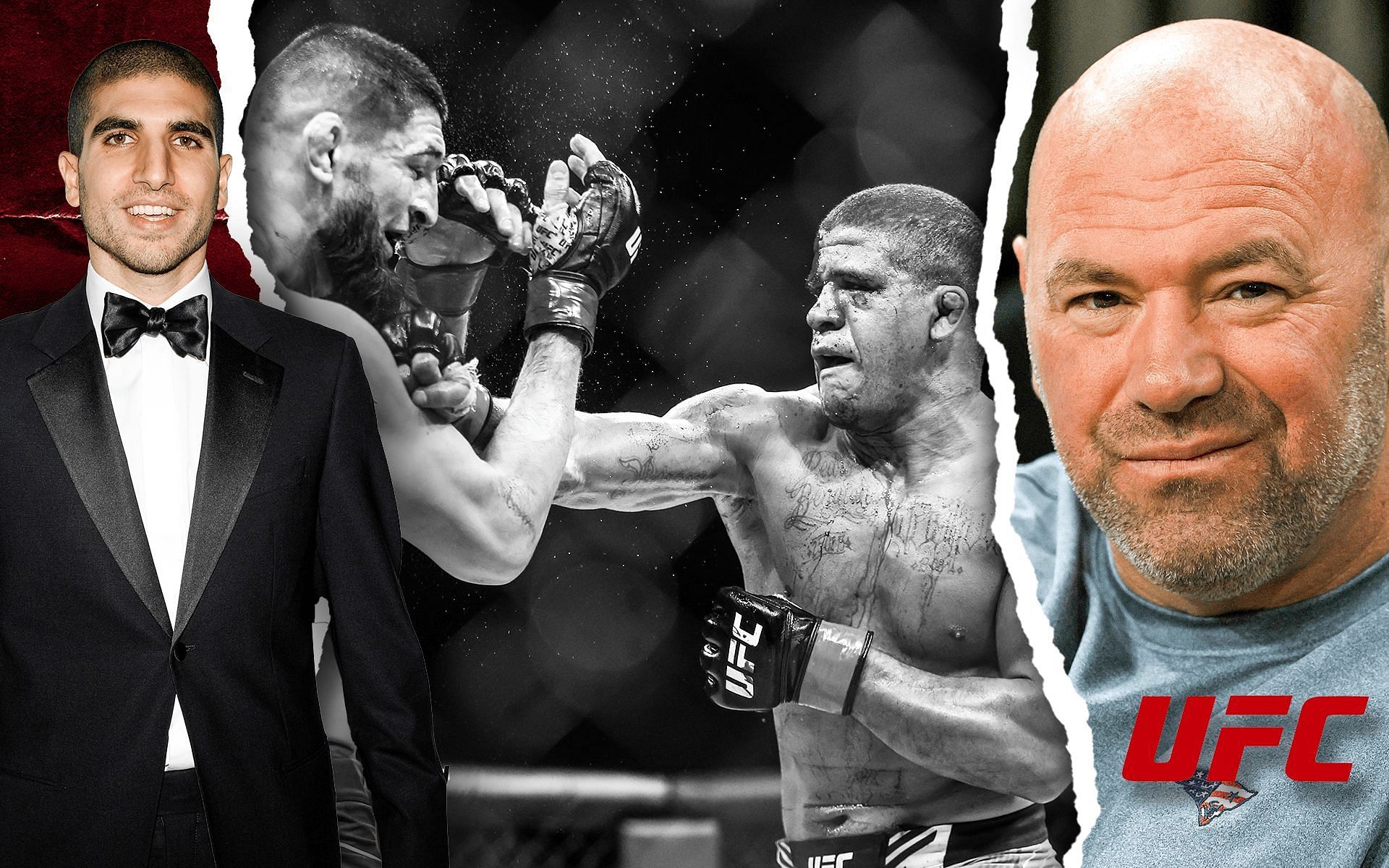 (L to R) Ariel Helwani, Gilbert Burns vs Khamzat Chimaev, Dana White (Image courtesy: Getty)