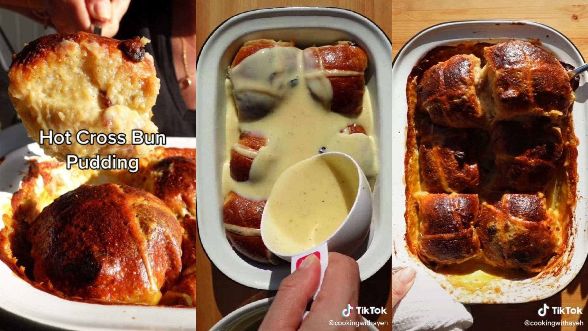 Cooking with Ayeh&#039;s Easter leftovers recipe for hot cross bun pudding has gone viral on TikTok (Images via cookingwithayeh/TikTok)
