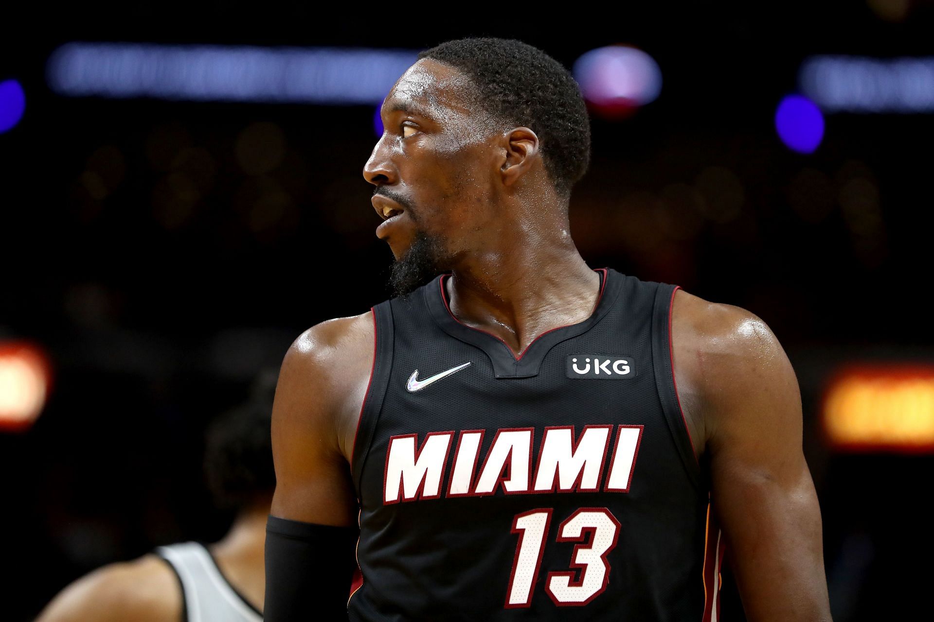 Bam Adebayo #13 of the Miami Heat looks on against the San Antonio Spurs during their game at FTX Arena on February 26, 2022 in Miami, Florida.