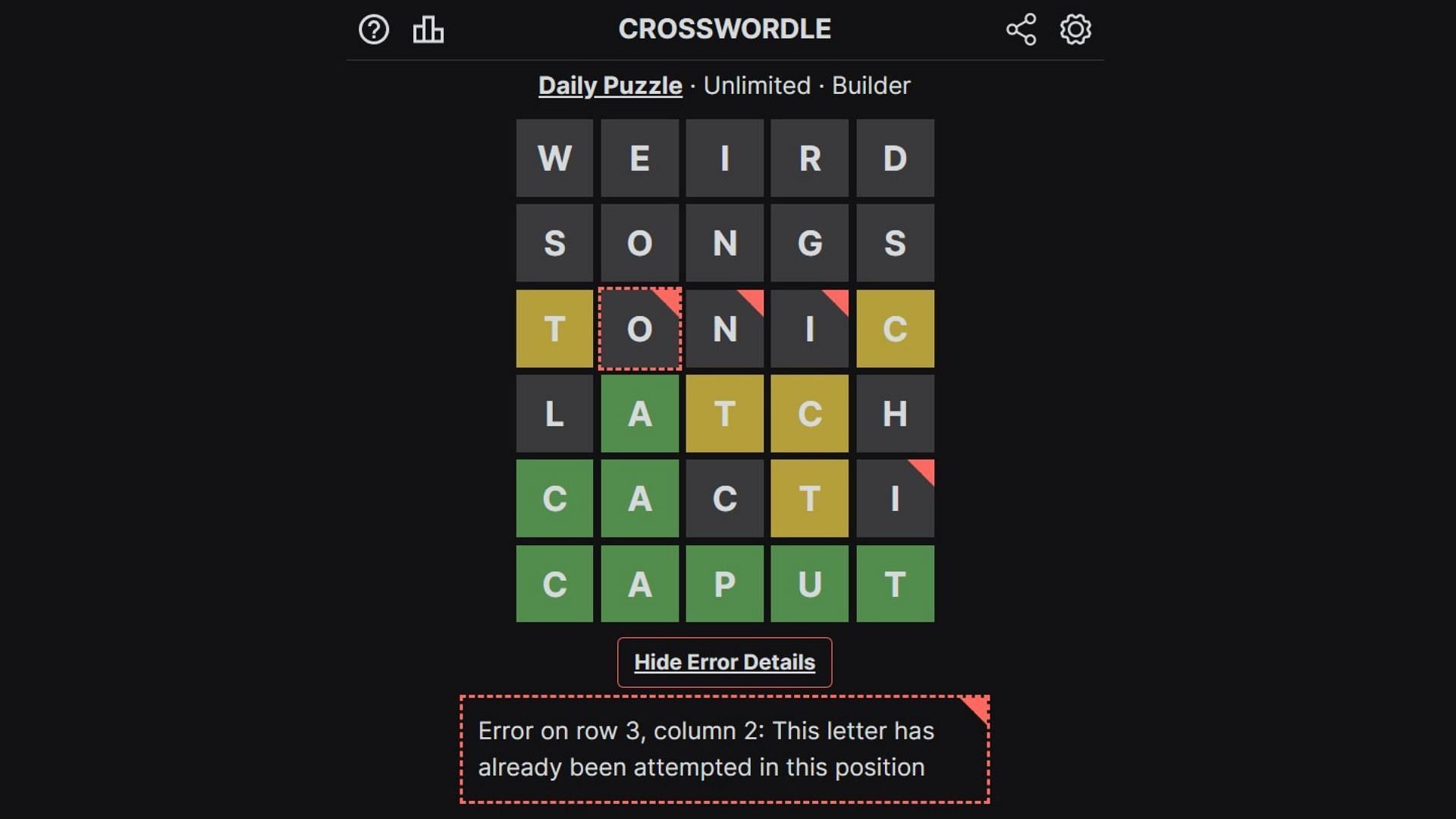 This Sudoku and Wordle crossover requires players to reverse-engineer the final word (Image via Crosswordle)