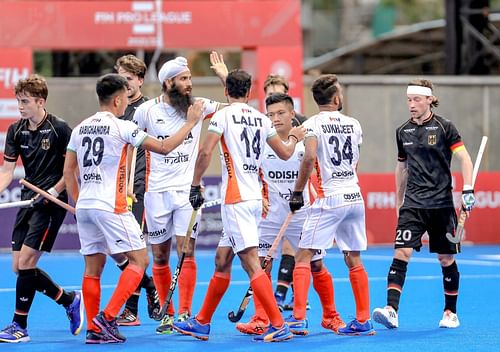 India celebrate a goal against Germany in their FIH Pro League match. (PC: Hockey India)