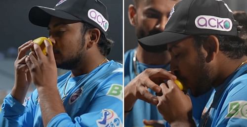 Prithvi Shaw learning how to eat a mango without cutting it (Credit: DC/Instagram)
