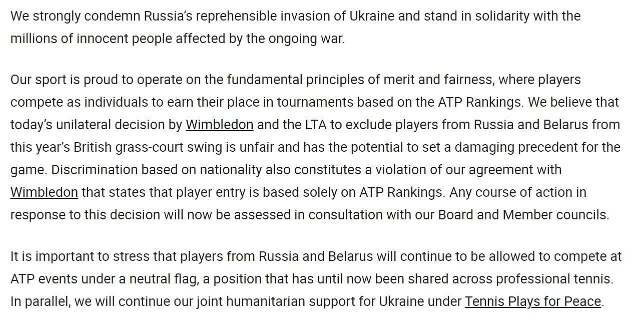 ATP ने बयान जारी कर रूसी और बेलारूसी खिलाड़ियों के खिलाफ बैन पर नाराजगी जताई है।