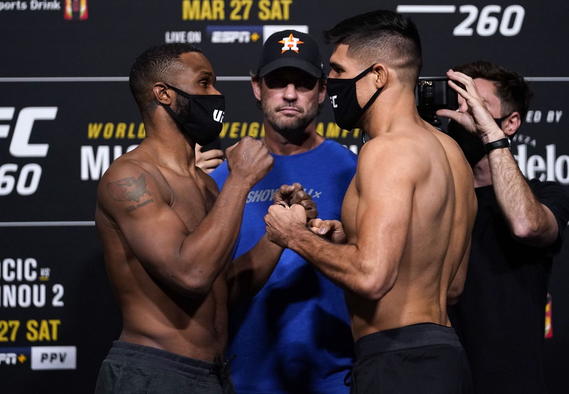 Tyron Woodley (left) and Vicente Luque (right) at the weigh-in before UFC 260.