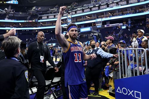 Klay Thompson celebrates after Utah Jazz v Golden State Warriors game