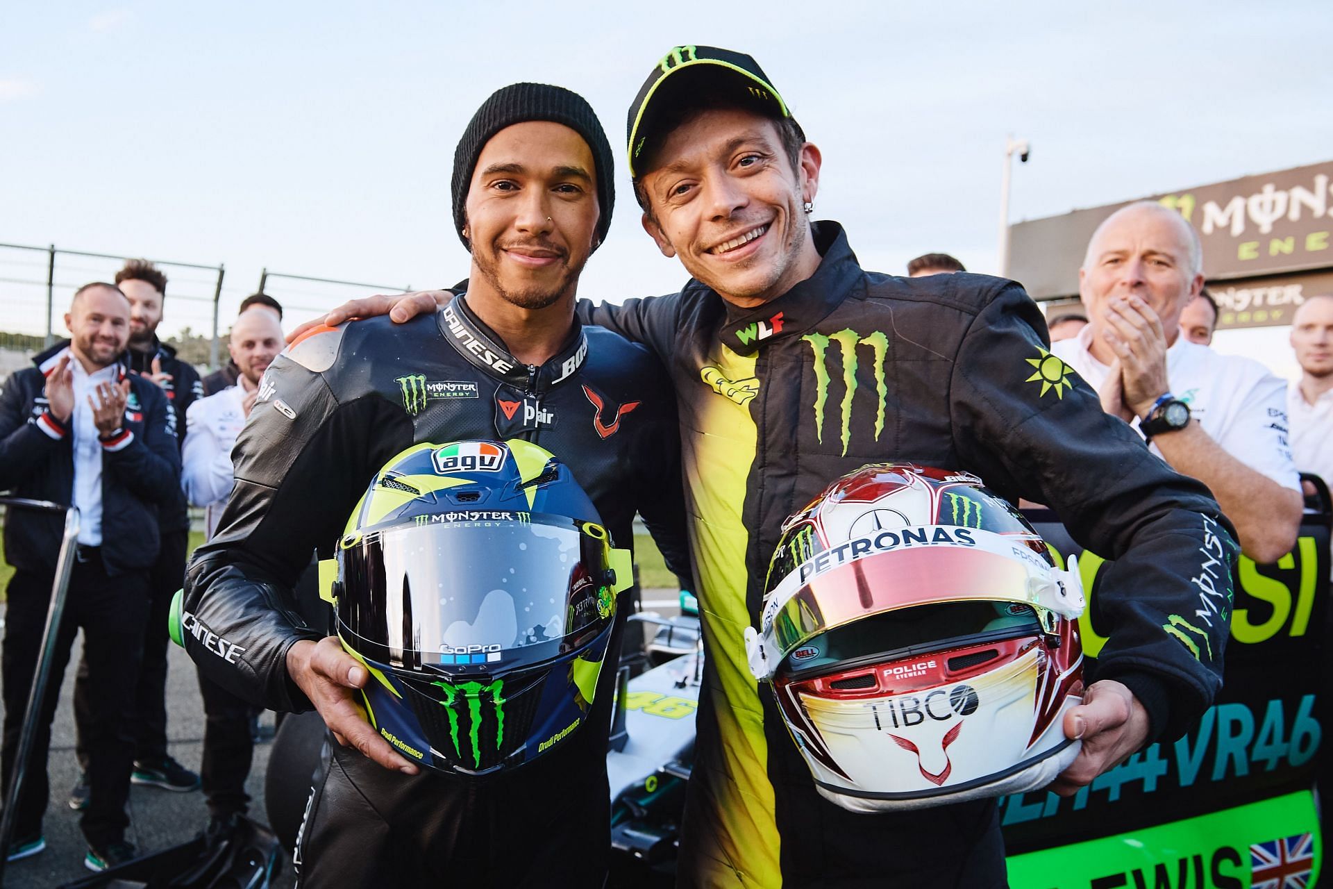 Lewis Hamilton s and Valentino Rossi swapped their respective helmets at the end of the #LH44VR46 test at Ricardo Tormo circuit of Valencia on December 09, 2019 in Valencia, Spain. Lewis Hamilton and Valentino Rossi swapped their respective machinery in an unprecedented test between two motorsport icons. (Photo by Guido De Bortoli/Getty Images for Monster Energy)