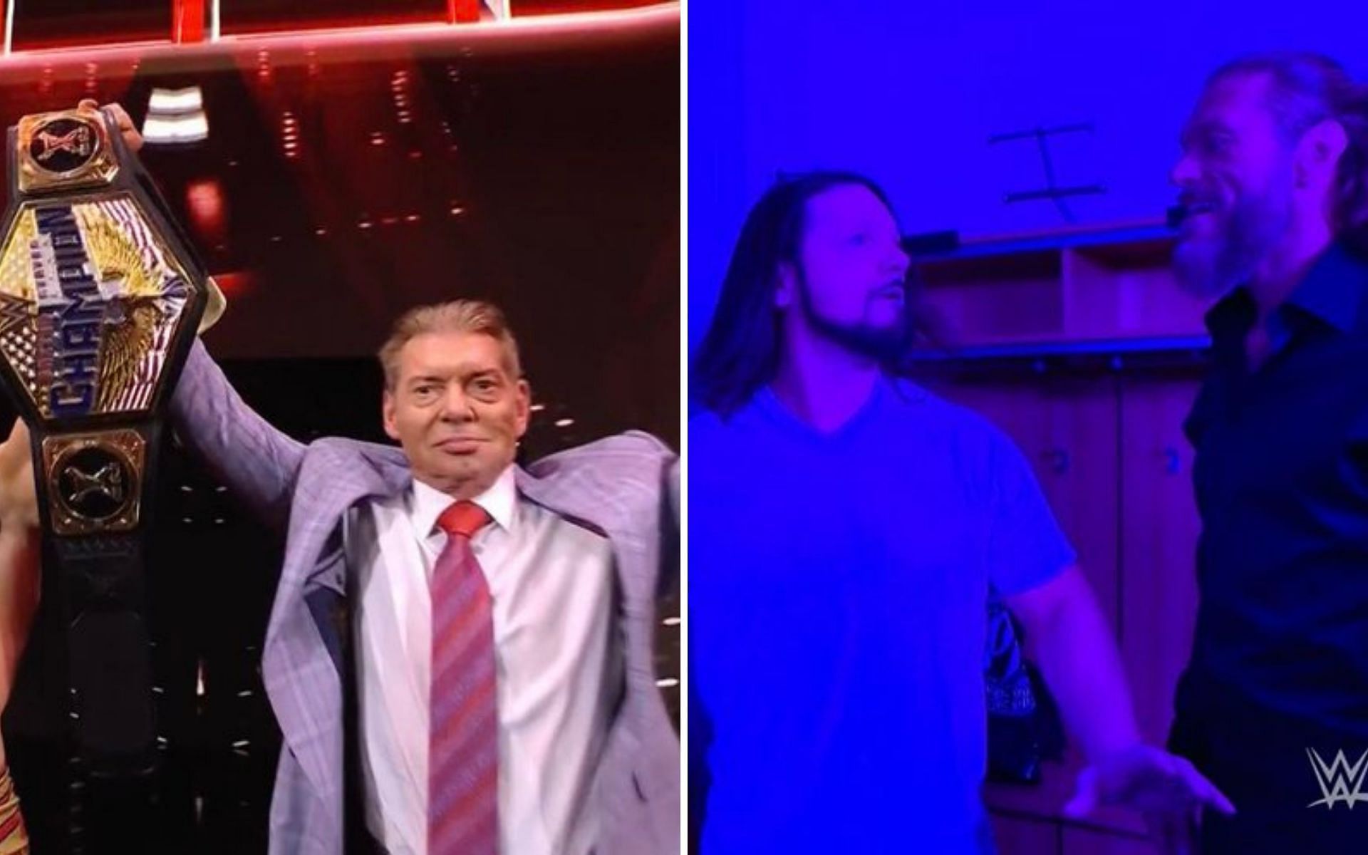 Vince McMahon (left); AJ Styles and Edge (right)