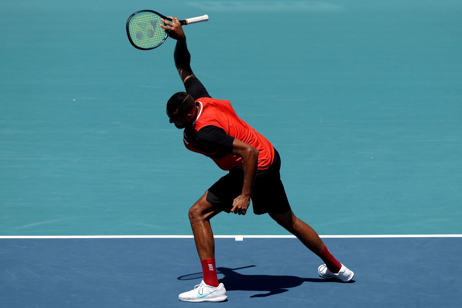 Nick Kyrgios smashes his racket during his match against Jannik Sinner at the Miami Open