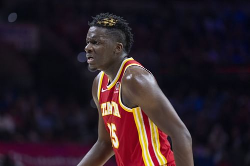 Clint Capela of the Atlanta Hawks looks on against the Philadelphia 76ers on October 30 in Philadelphia, Pennsylvania. The 76ers defeated the Hawks 122-94.