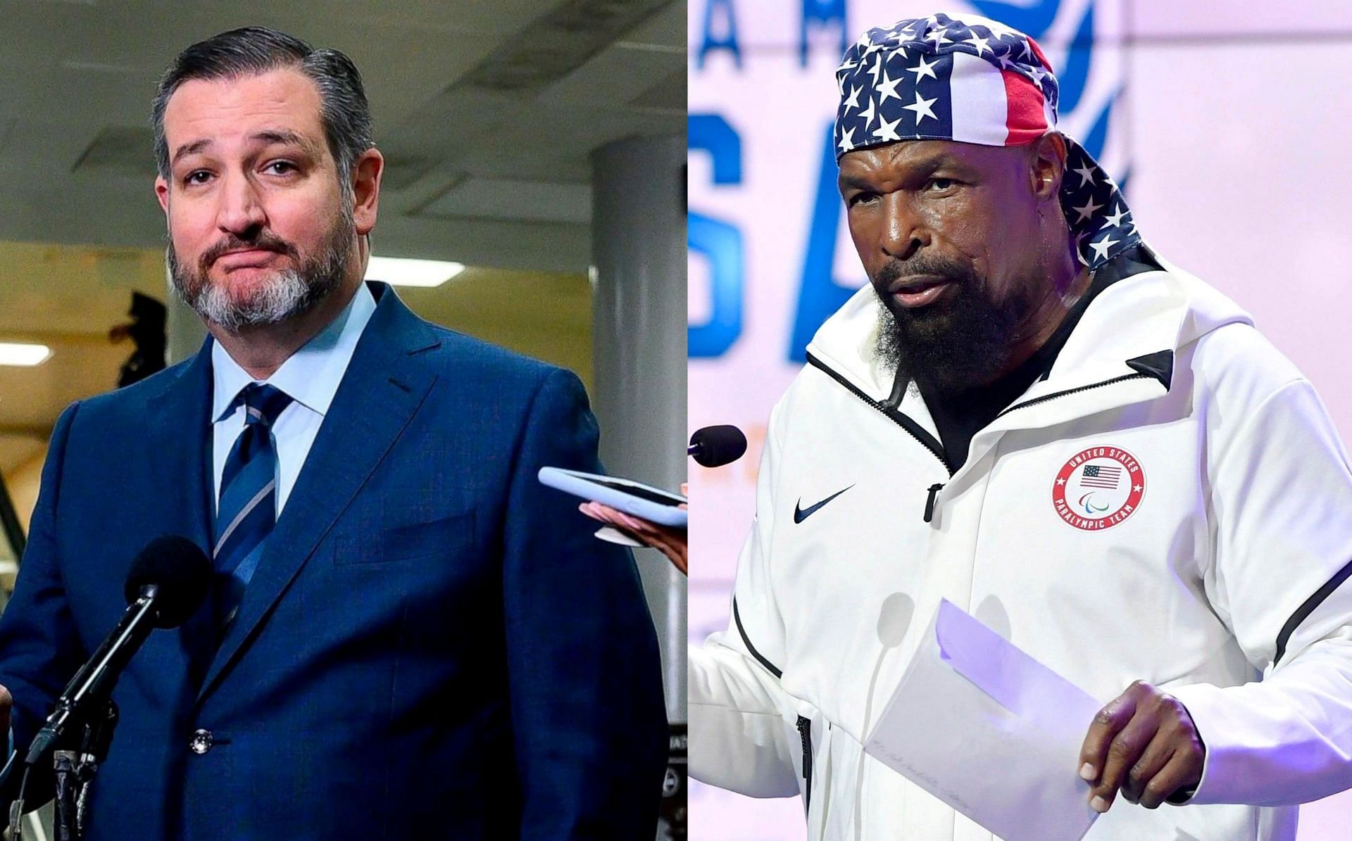 Ted Cruz receives backlash for targeting Mr. T&#039;s tweet (Image via Andrew Caballero-Reynolds/AFP/Getty Images, and USOC/Getty Images)